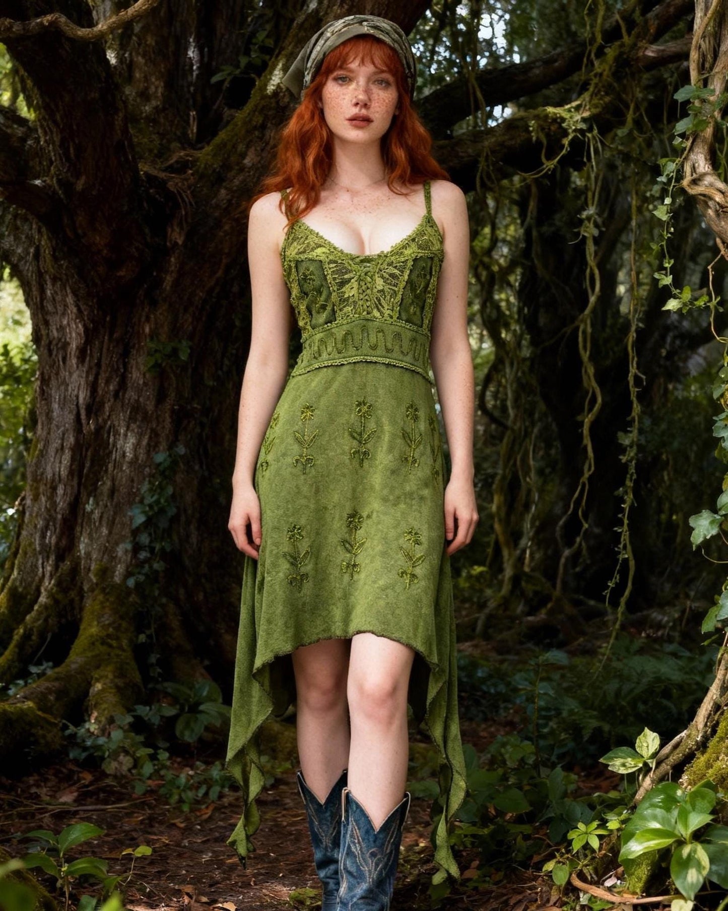 Handmade Green Boho Maxi Dress with Embroidery & Fringe, Nature-Inspired Asymmetrical Dress