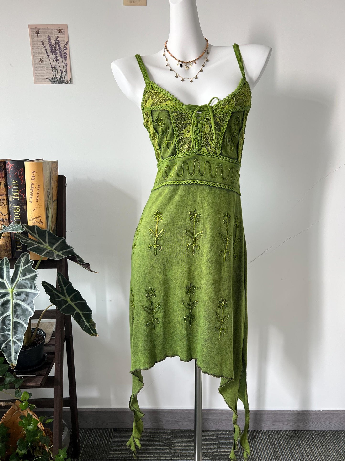 Handmade Green Boho Maxi Dress with Embroidery & Fringe, Nature-Inspired Asymmetrical Dress