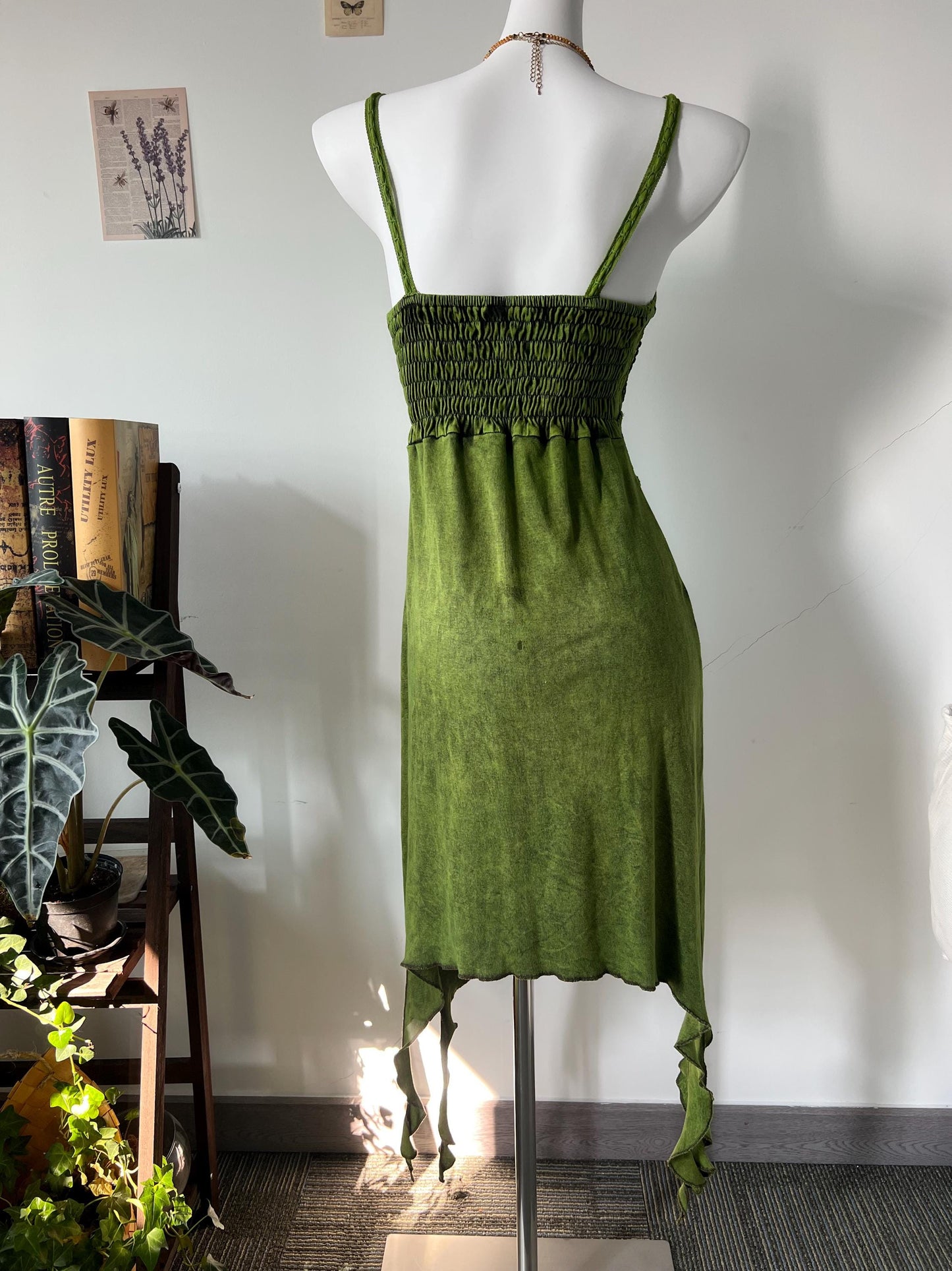 Handmade Green Boho Maxi Dress with Embroidery & Fringe, Nature-Inspired Asymmetrical Dress