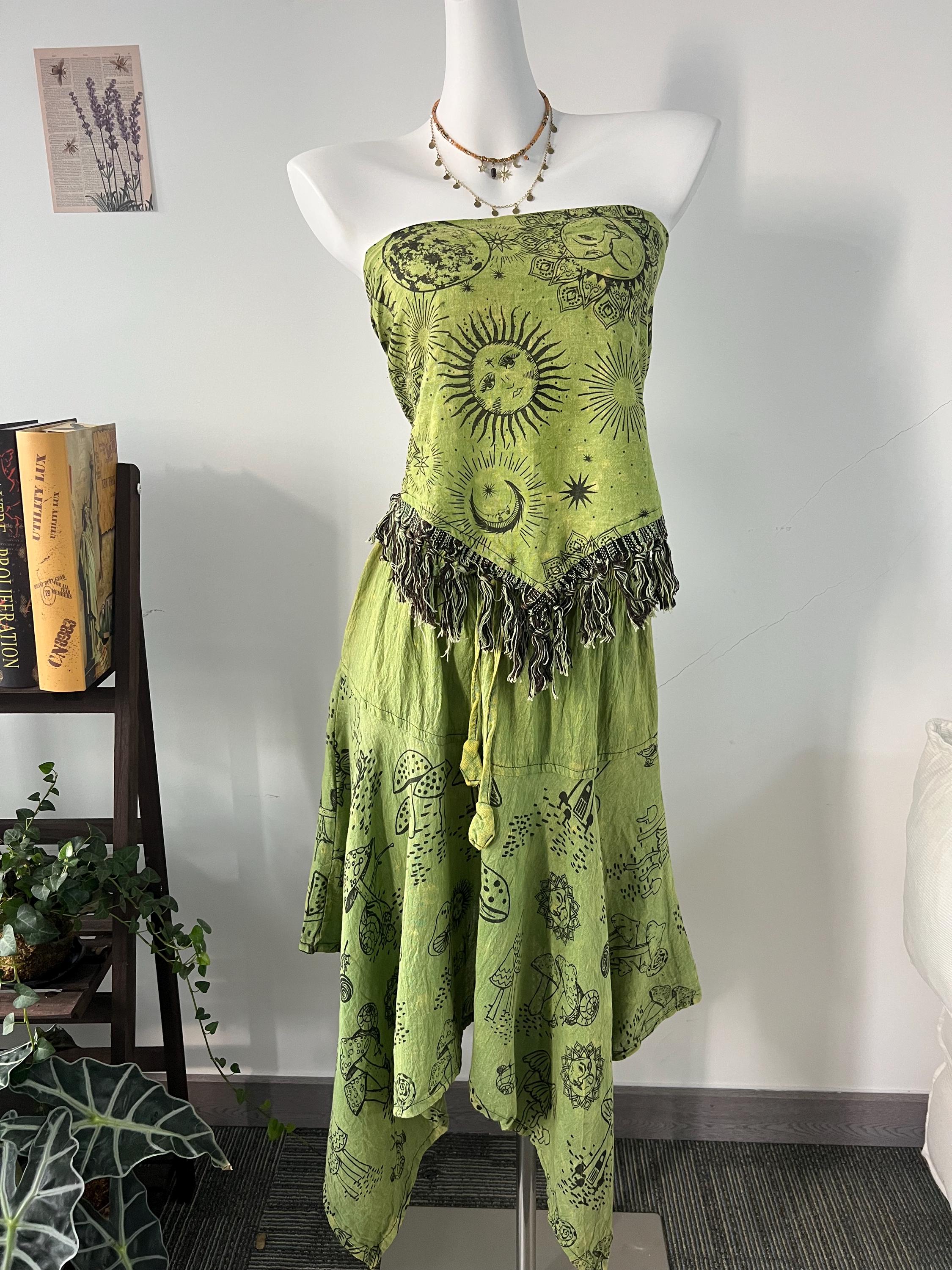 Celestial Mushroom Print Dress | Bohemian Fringe Tunic, Cottagecore Cotton