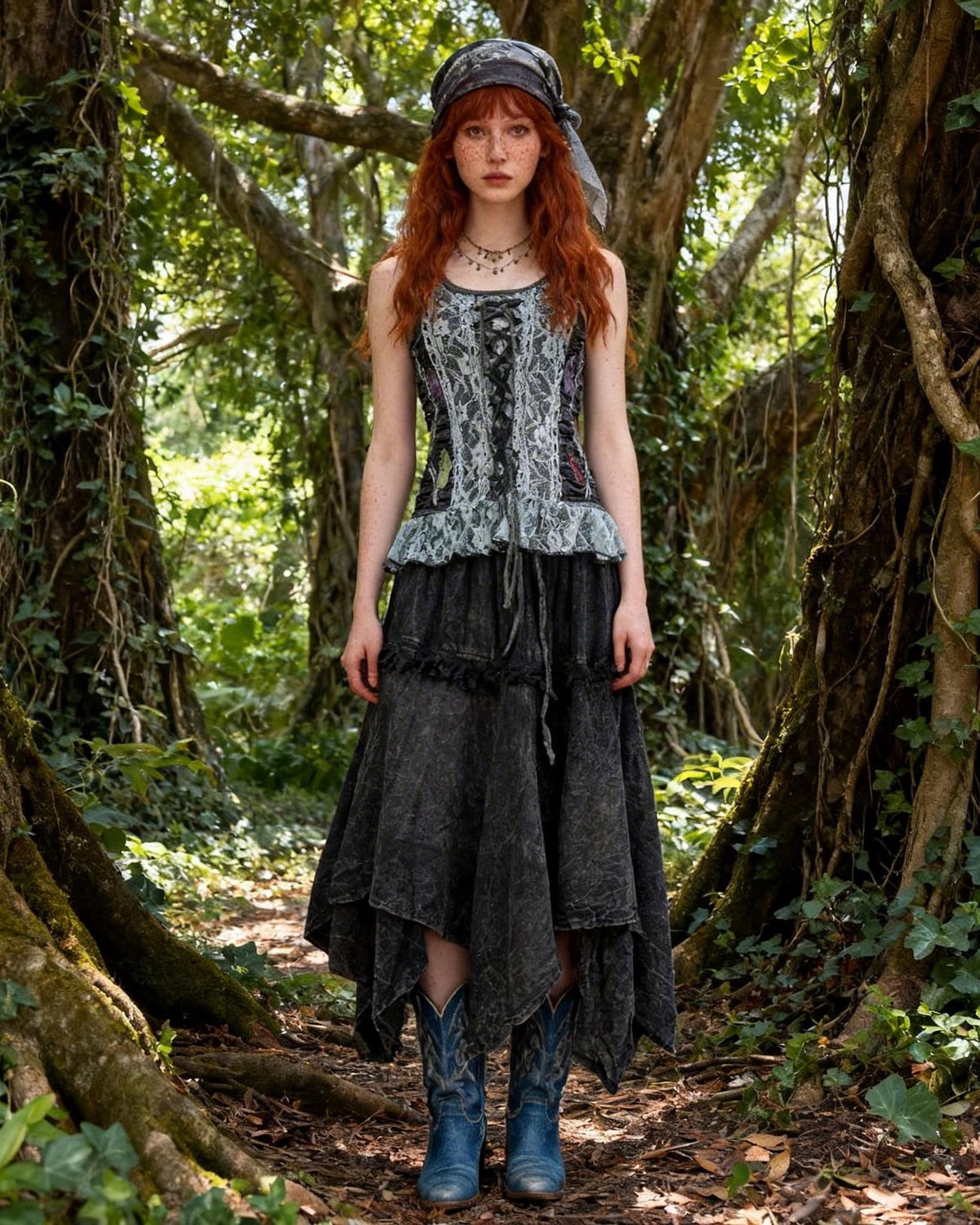Handmade Lace-Up Corset Top and Asymmetrical Skirt Set, Gothic Boho Clothing