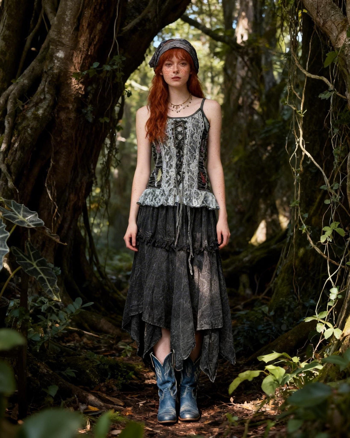 Handmade Lace-Up Corset Top and Asymmetrical Skirt Set, Gothic Boho Clothing