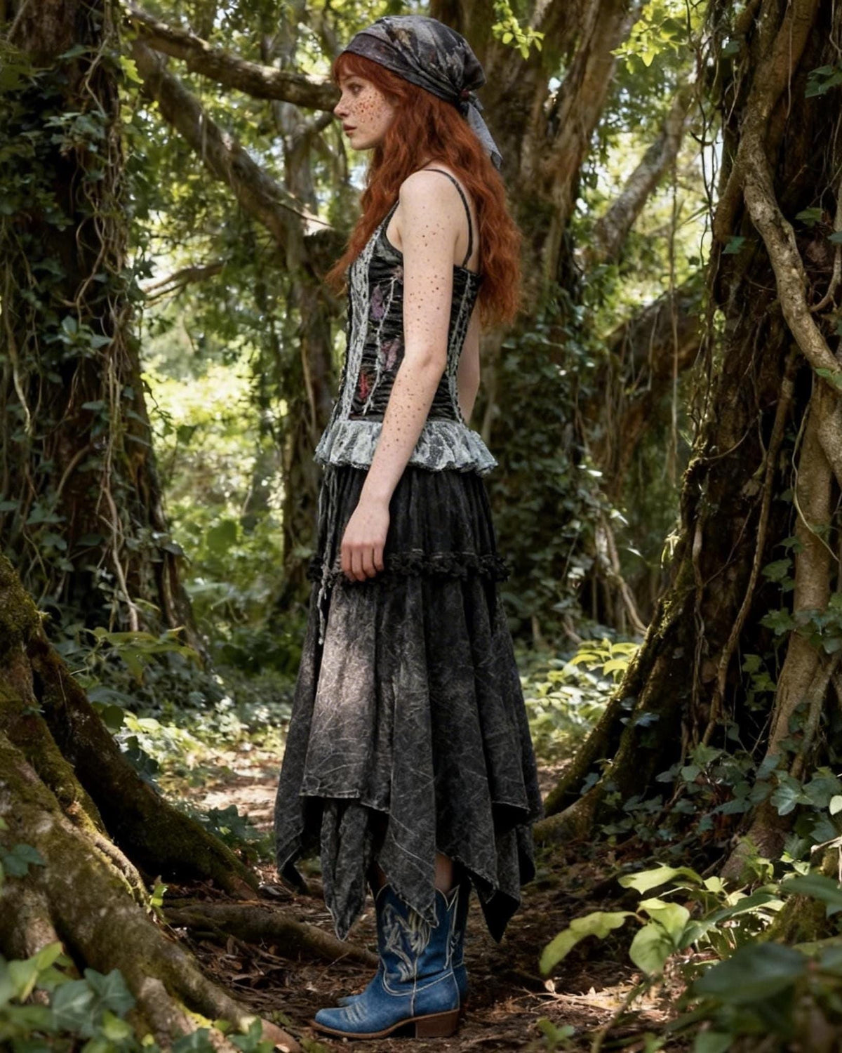 Handmade Lace-Up Corset Top and Asymmetrical Skirt Set, Gothic Boho Clothing