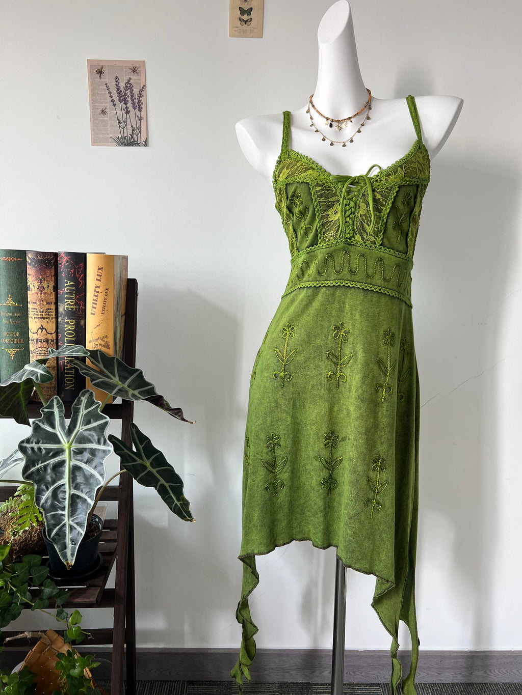 Handmade Green Boho Maxi Dress with Embroidery & Fringe, Nature-Inspired Asymmetrical Dress