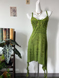 Handmade Green Boho Maxi Dress with Embroidery & Fringe, Nature-Inspired Asymmetrical Dress