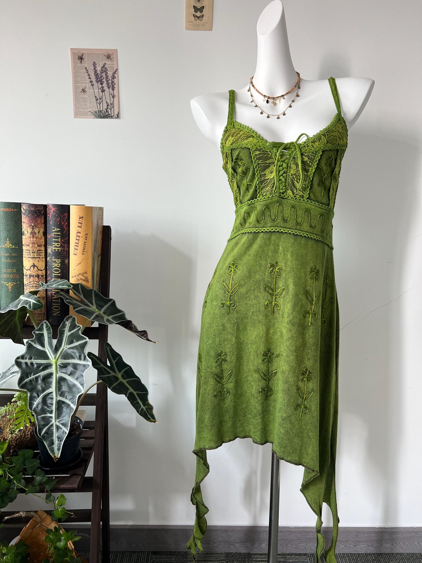 Handmade Green Boho Maxi Dress with Embroidery & Fringe, Nature-Inspired Asymmetrical Dress