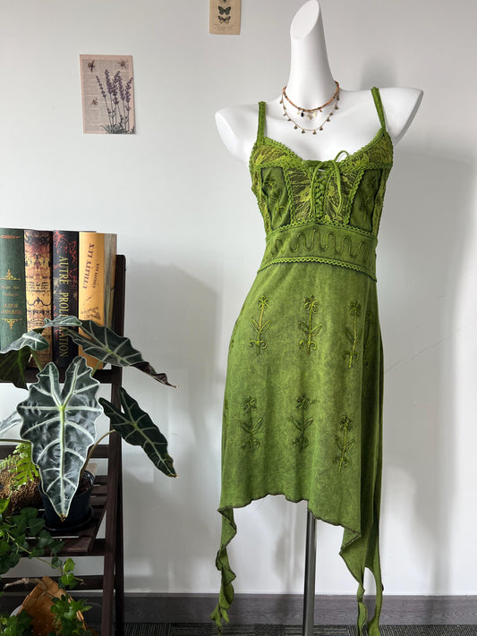 Handmade Green Boho Maxi Dress with Embroidery & Fringe, Nature-Inspired Asymmetrical Dress