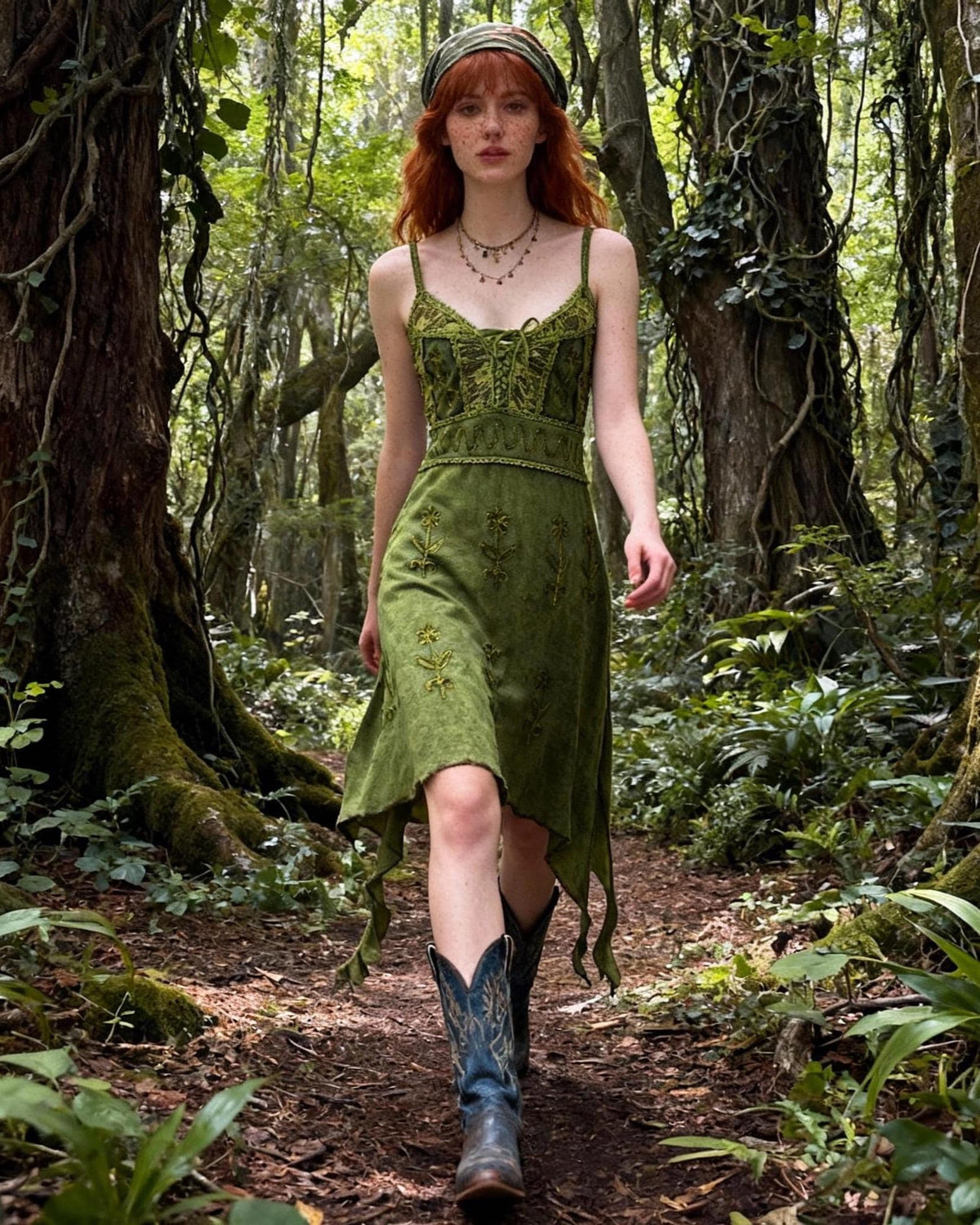 Handmade Green Boho Maxi Dress with Embroidery & Fringe, Nature-Inspired Asymmetrical Dress