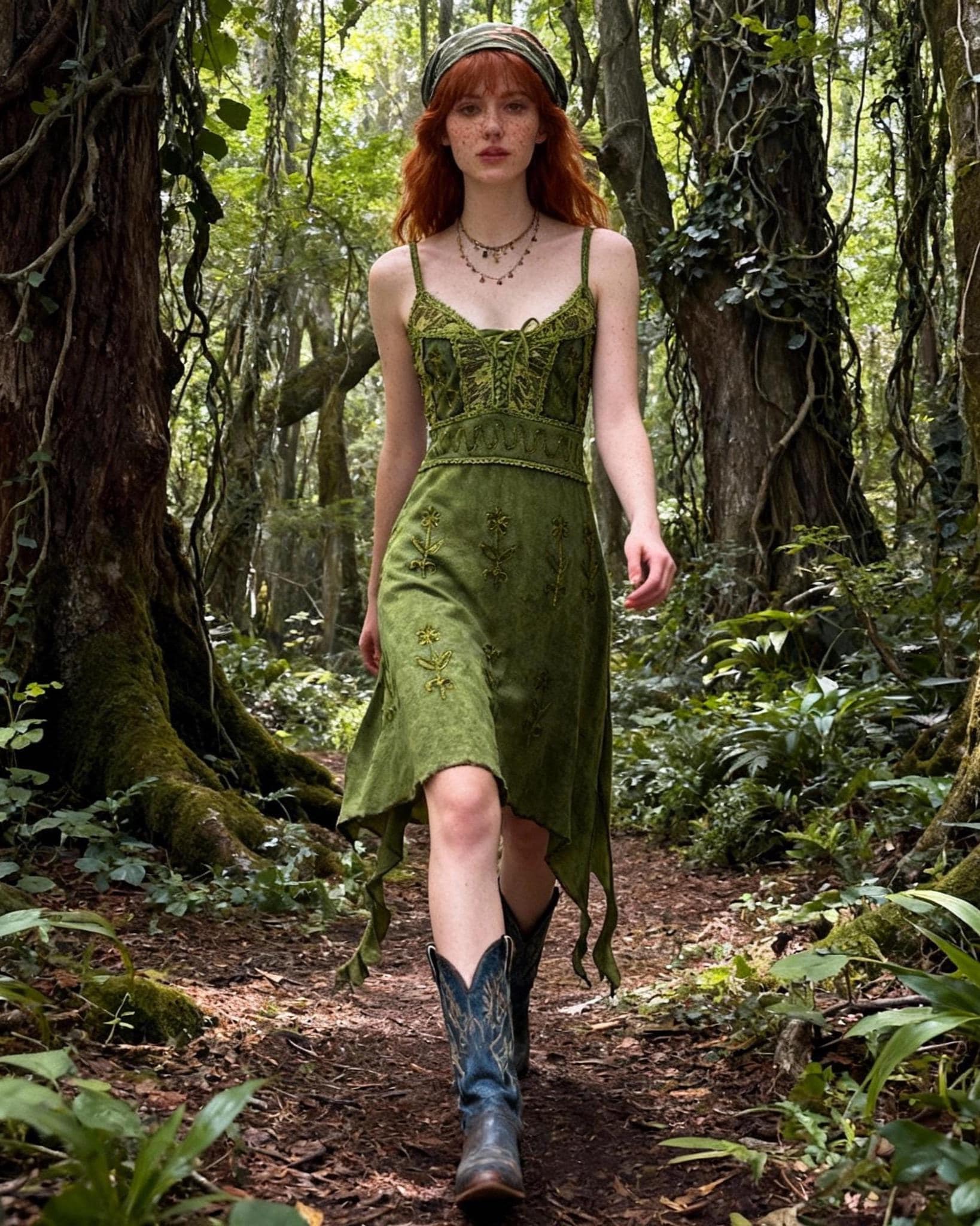 Handmade Green Boho Maxi Dress with Embroidery & Fringe, Nature-Inspired Asymmetrical Dress