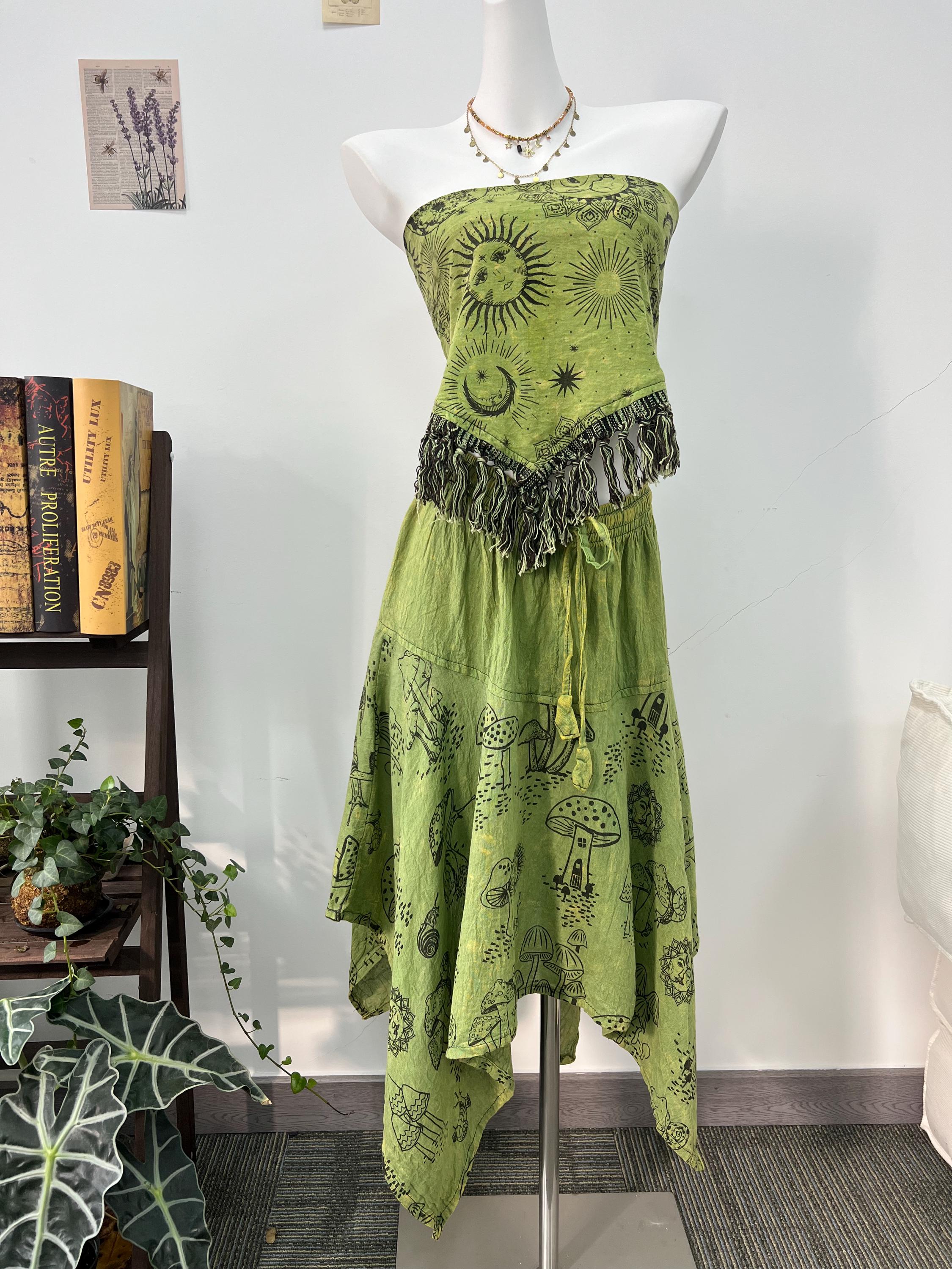 Celestial Mushroom Print Dress | Bohemian Fringe Tunic, Cottagecore Cotton