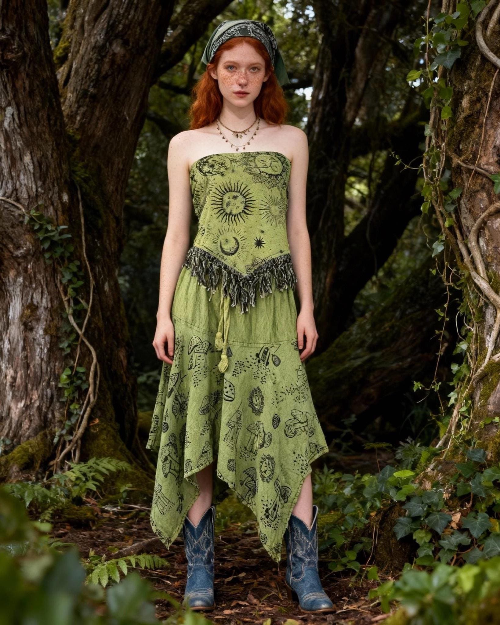 Celestial Mushroom Print Dress | Bohemian Fringe Tunic, Cottagecore Cotton