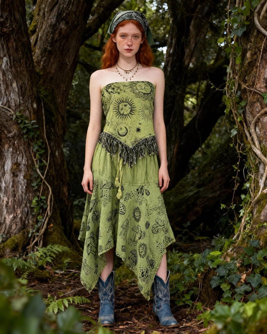 Celestial Mushroom Print Dress | Bohemian Fringe Tunic, Cottagecore Cotton