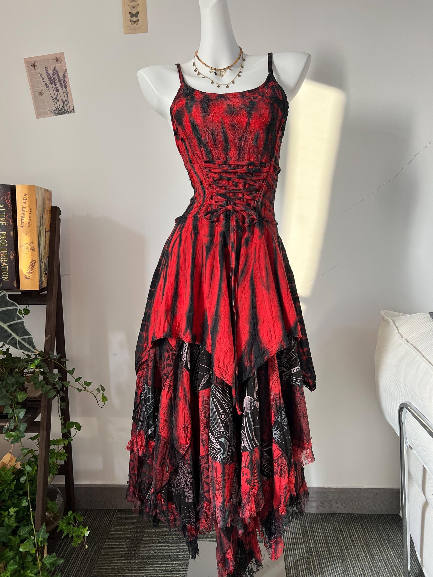 Red Black Tie-Dye Maxi Dress | Cotton Boho Punk Fringe Dress
