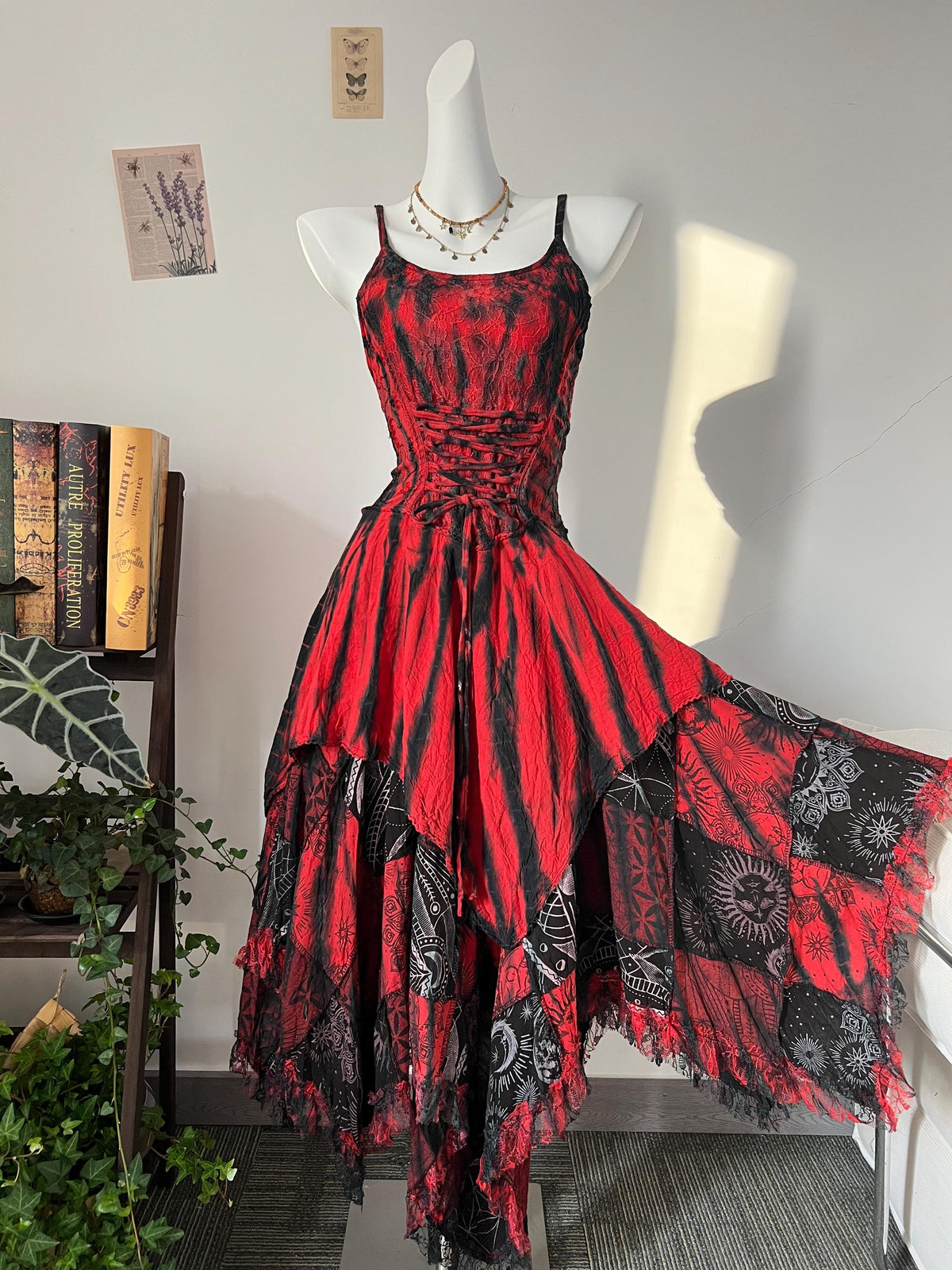 Red Black Tie-Dye Maxi Dress | Cotton Boho Punk Fringe Dress
