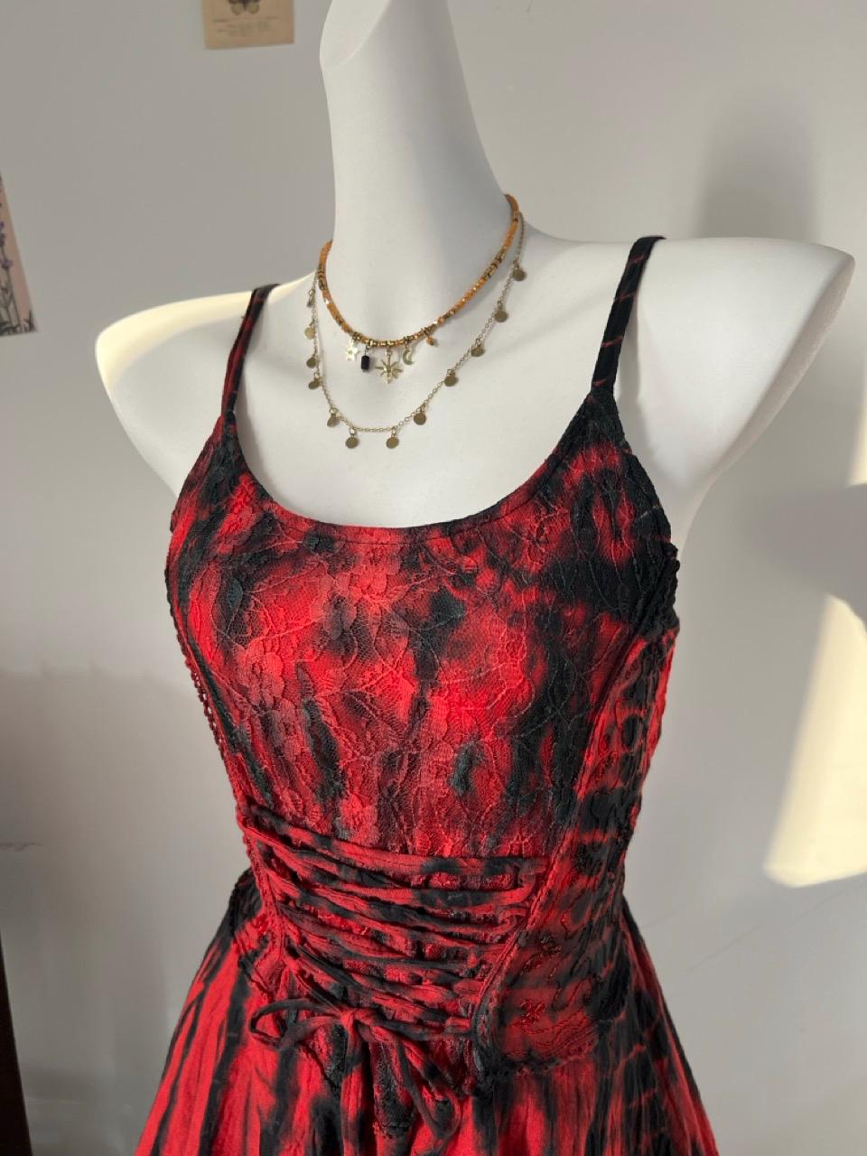 Red Black Tie-Dye Maxi Dress | Cotton Boho Punk Fringe Dress