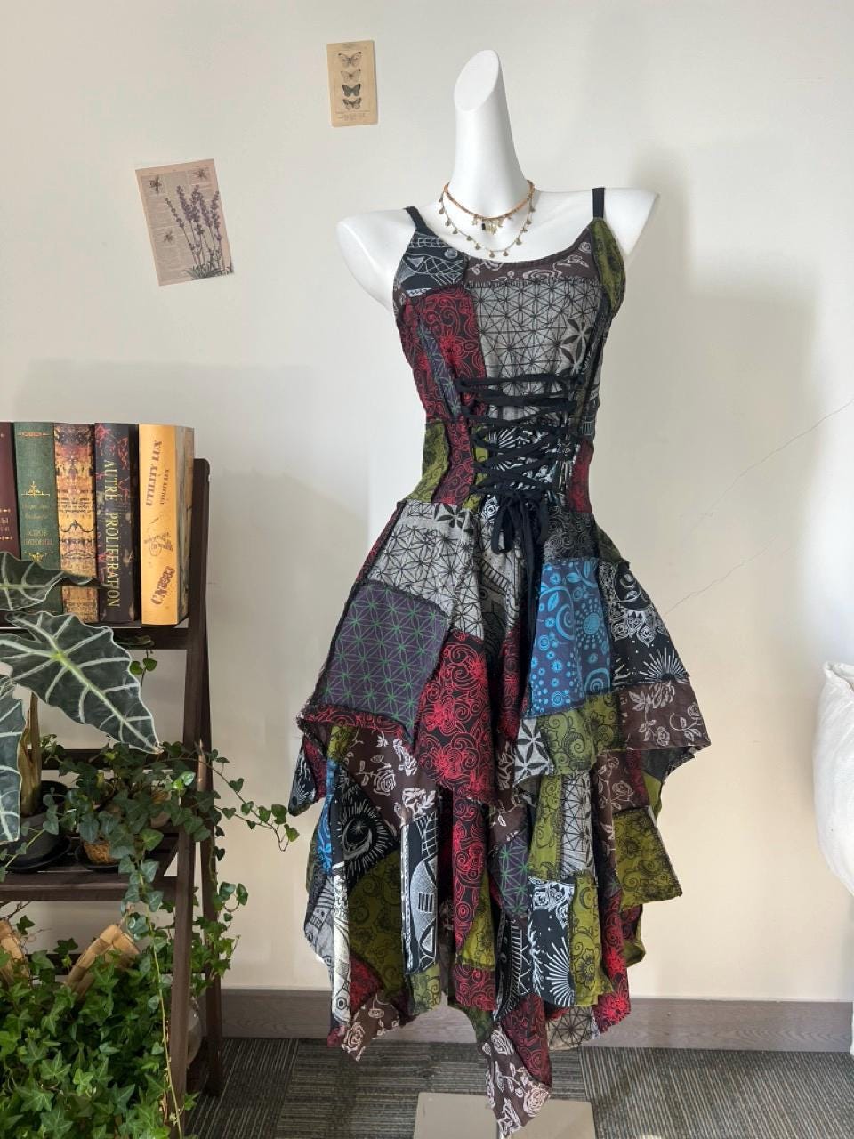 Handmade Patchwork Bohemian Dress, Artistic Festival Sundress - Adjustable Waist, Boho Unique Dress