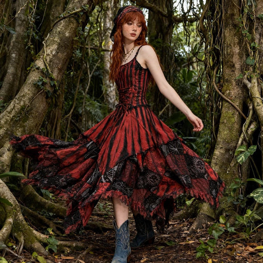 Red Black Tie-Dye Maxi Dress | Cotton Boho Punk Fringe Dress