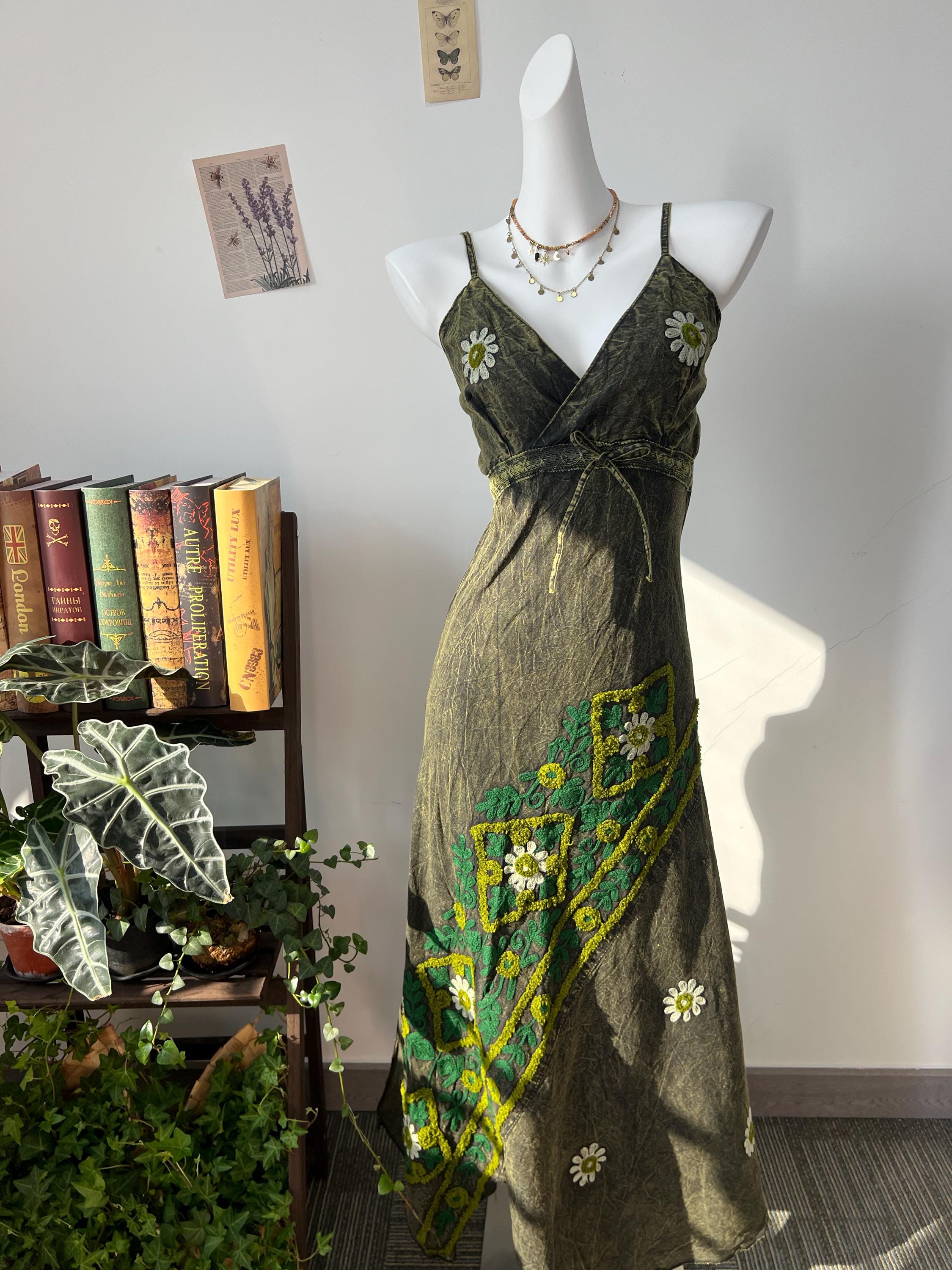 Handmade Batik Maxi Dress, Dark Green Botanical Embroidery, 70s Boho Chic Festival Wear