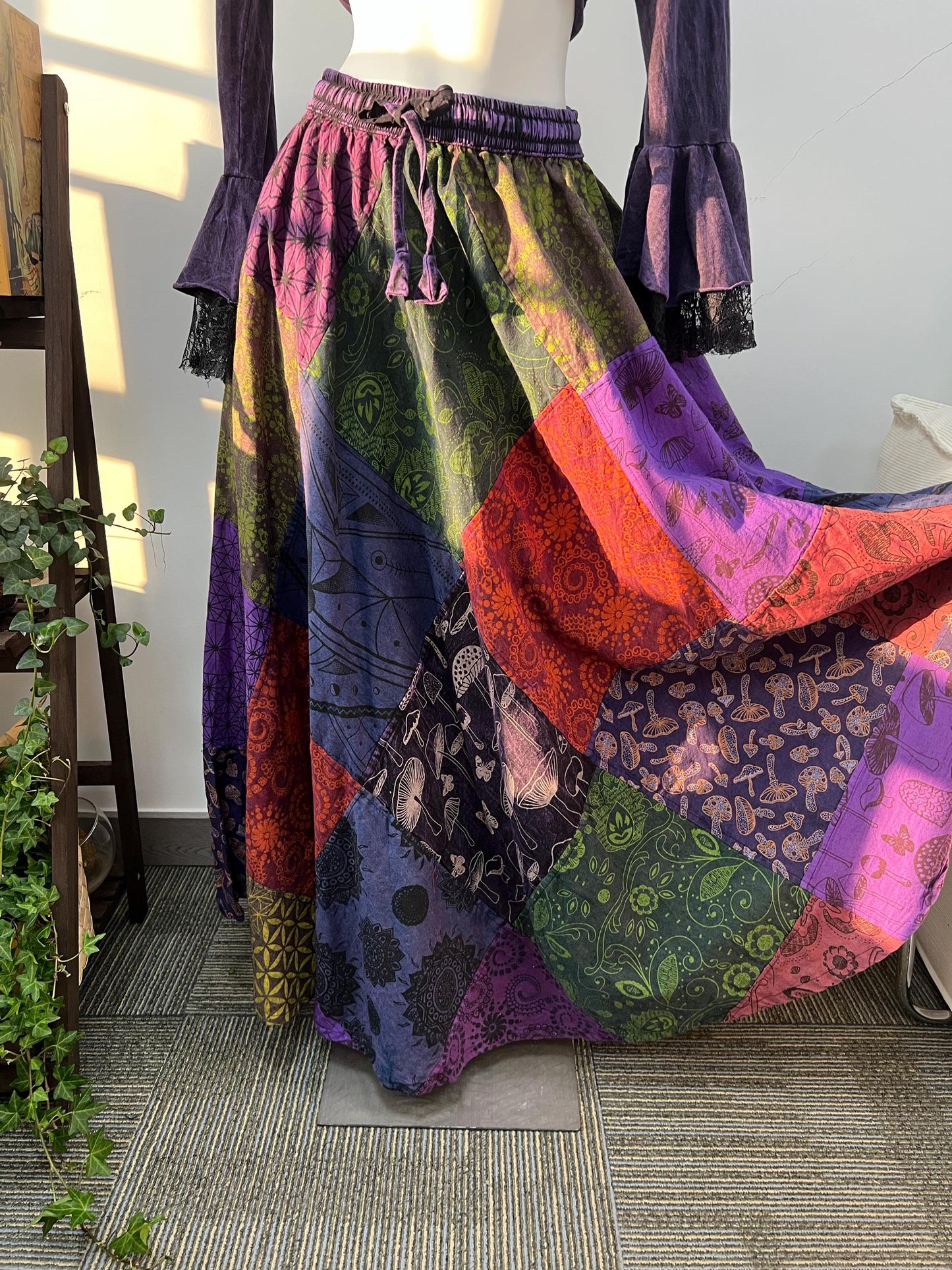 Handmade Patchwork Cotton Maxi Skirt | Whimsical Mushroom Print, Bohemian Festival Wear