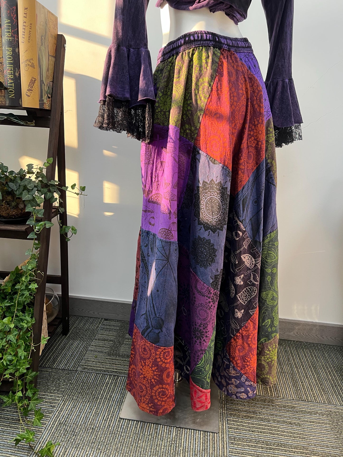 Handmade Patchwork Cotton Maxi Skirt | Whimsical Mushroom Print, Bohemian Festival Wear