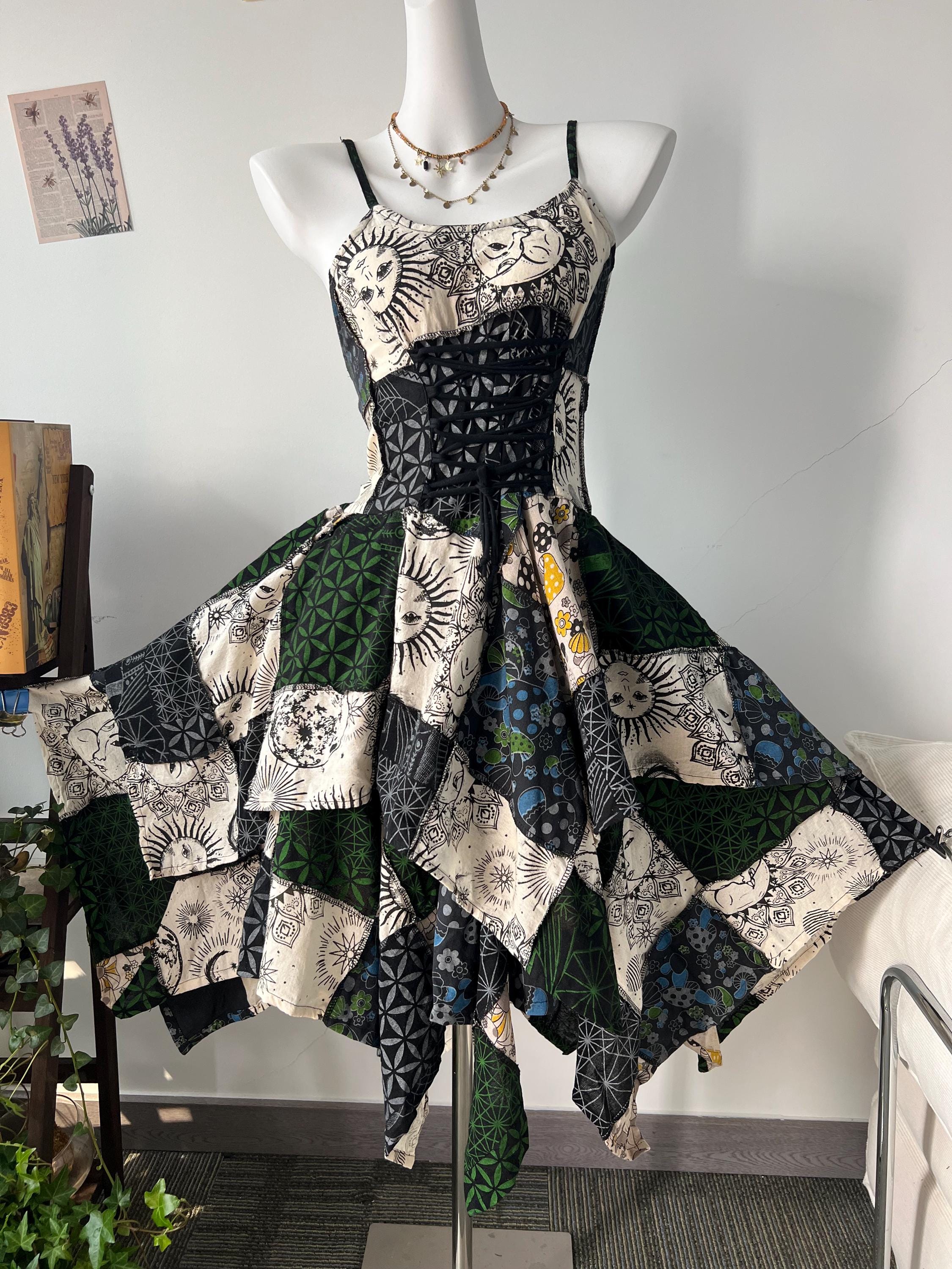 Handmade Patchwork Maxi Dress | Sun Moon Geometric Boho Festival Wear