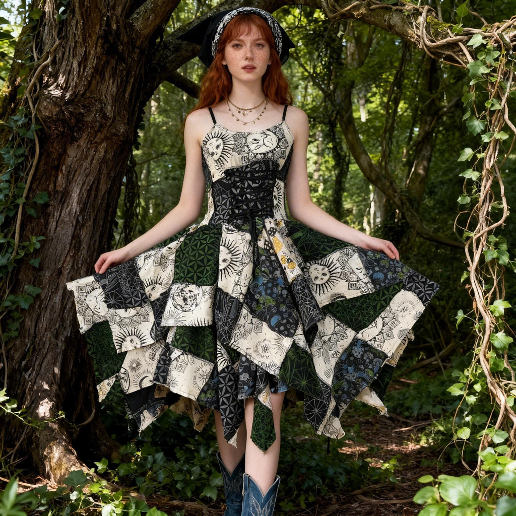 Handmade Patchwork Maxi Dress | Sun Moon Geometric Boho Festival Wear