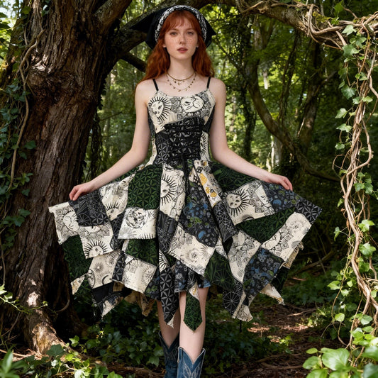 Handmade Patchwork Maxi Dress | Sun Moon Geometric Boho Festival Wear