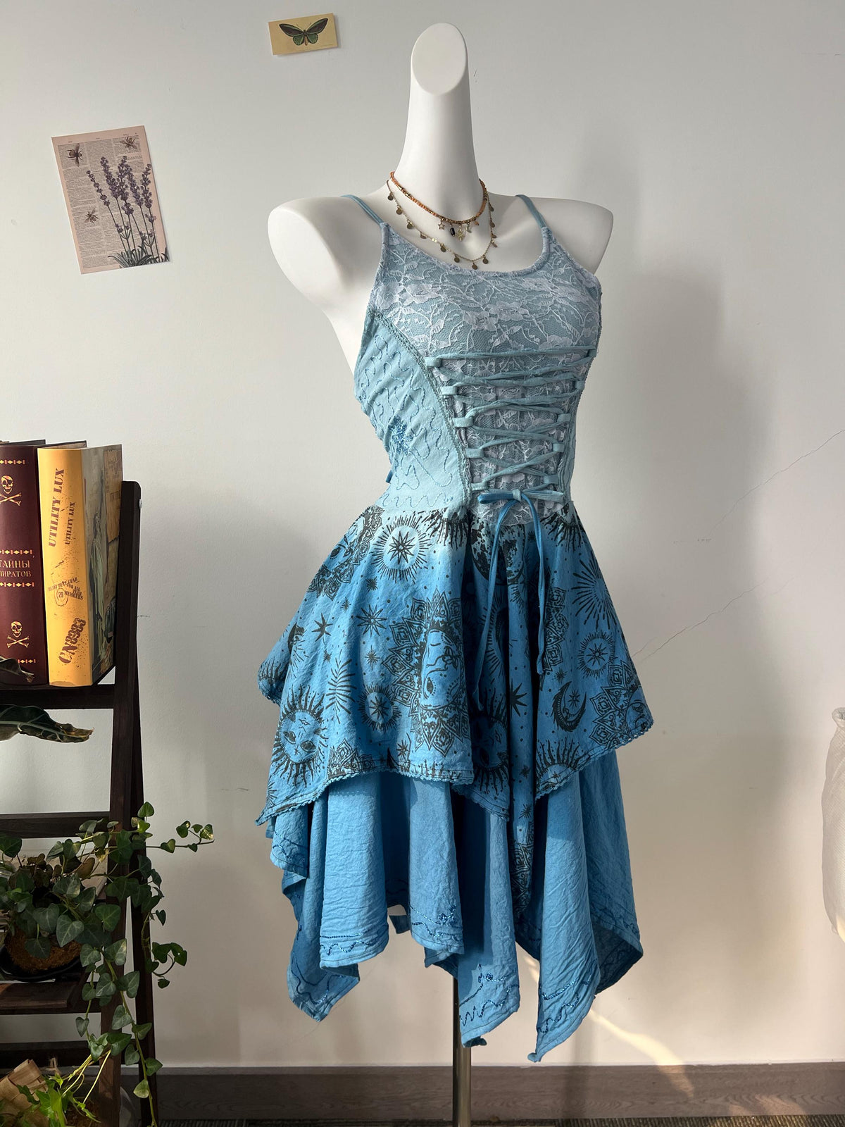 Handmade Bohemian Dress with Front Lace｜Back Smocking, Artistic Tie-Dye & Botanical Dye, Asymmetric Hem