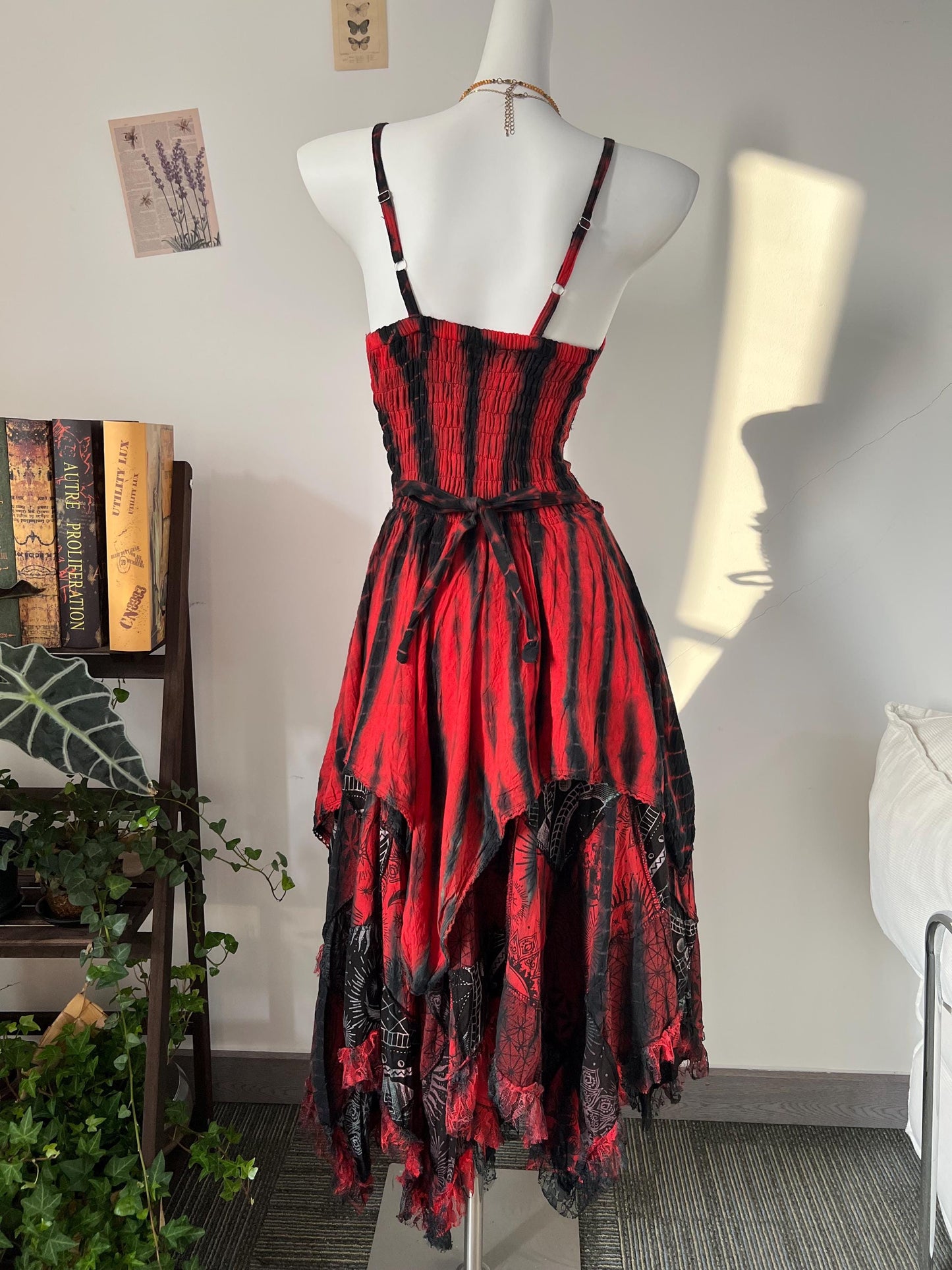 Red Black Tie-Dye Maxi Dress | Cotton Boho Punk Fringe Dress