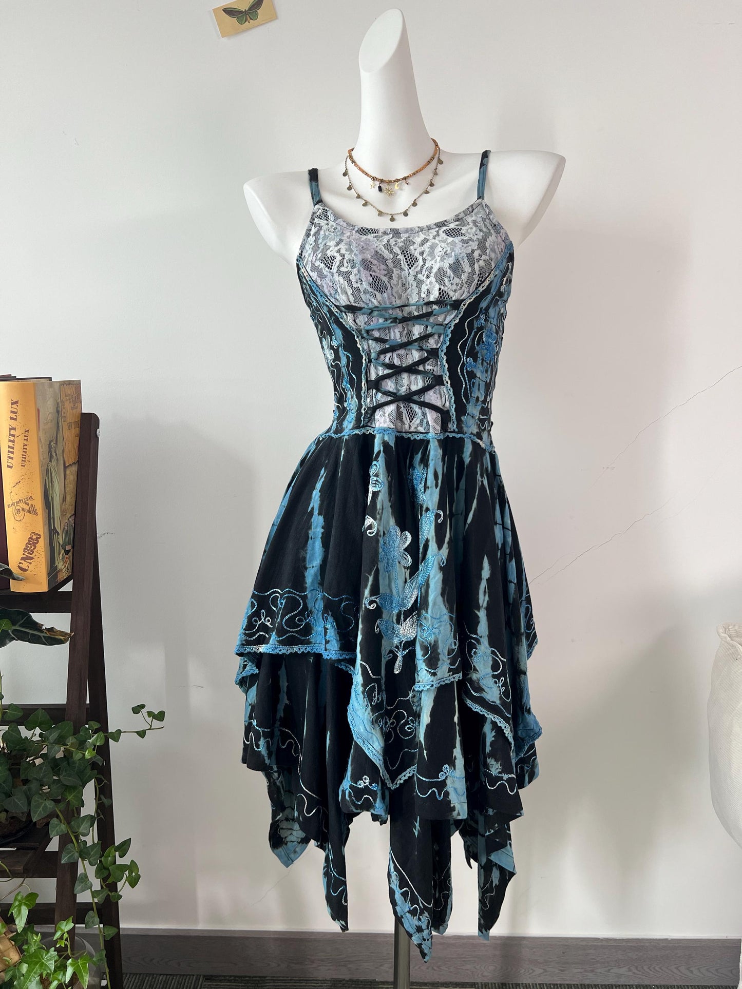 Handmade Bohemian Dress, Vintage Lace Trim, Asymmetrical Hem, Adjustable Tie Front Summer Dress