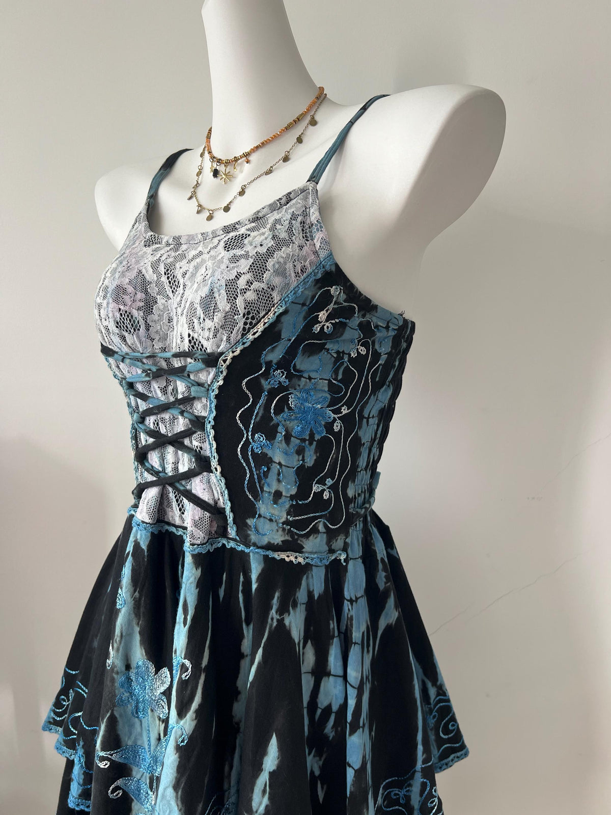 Handmade Bohemian Dress, Vintage Lace Trim, Asymmetrical Hem, Adjustable Tie Front Summer Dress