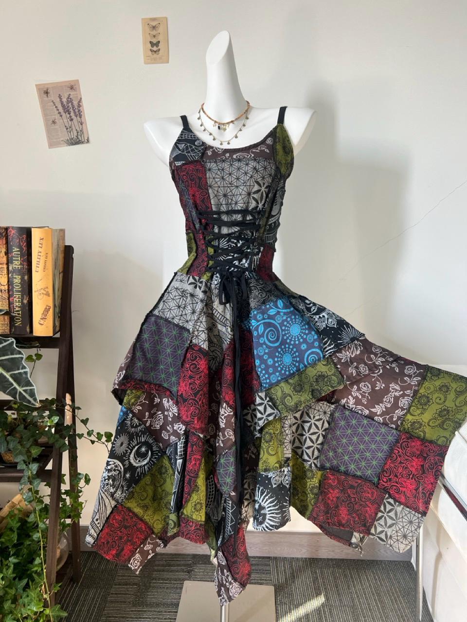 Handmade Patchwork Bohemian Dress, Artistic Festival Sundress - Adjustable Waist, Boho Unique Dress