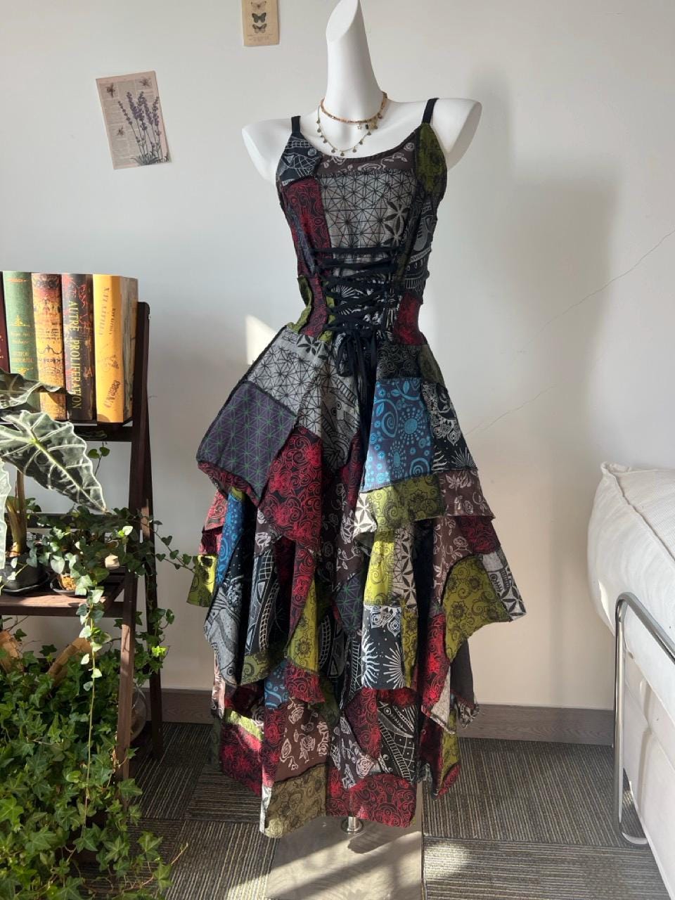 Handmade Patchwork Bohemian Dress, Artistic Festival Sundress - Adjustable Waist, Boho Unique Dress