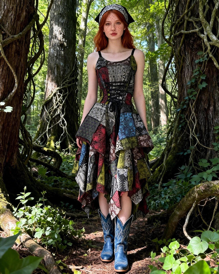 Handmade patchwork Bohemian Dress, Artistic Festival Sundress - Adjustable Waist, Boho Unique Dress