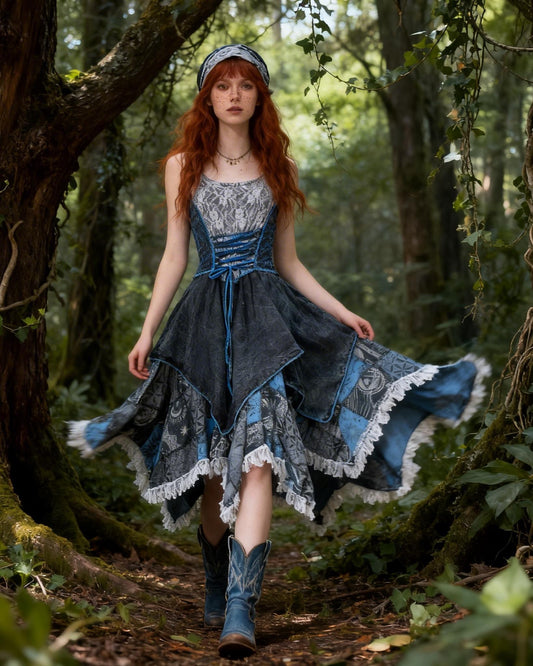 Hand-Dyed Renaissance Dress, Patchwork Lace, Forest Fairy Cottagecore Style