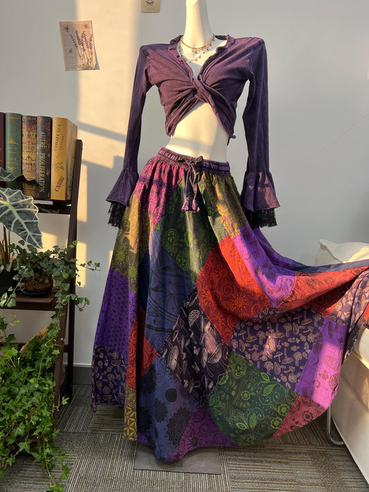 Handmade Patchwork Cotton Maxi Skirt | Whimsical Mushroom Print, Bohemian Festival Wear