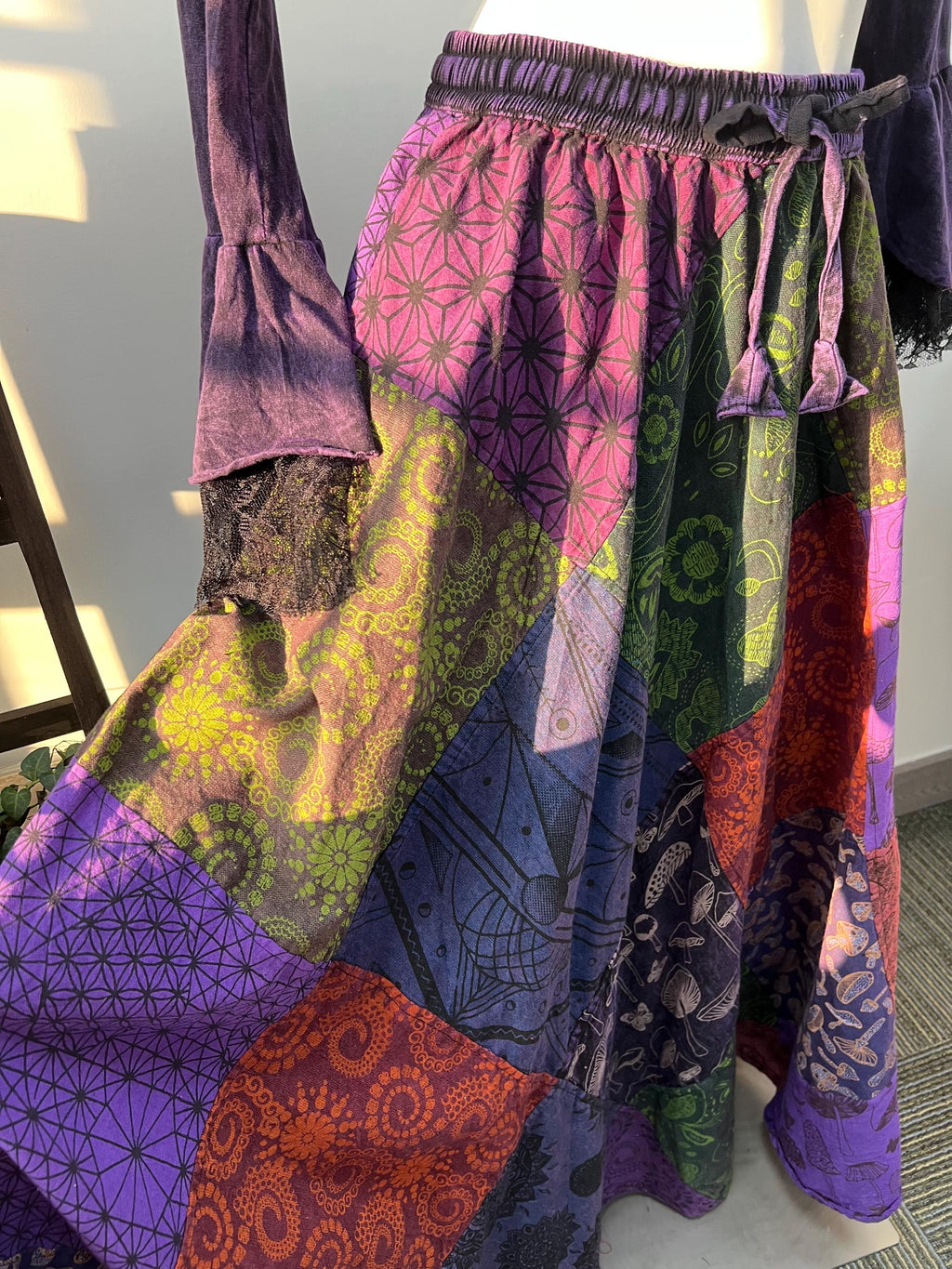 Handmade Patchwork Cotton Maxi Skirt | Whimsical Mushroom Print, Bohemian Festival Wear
