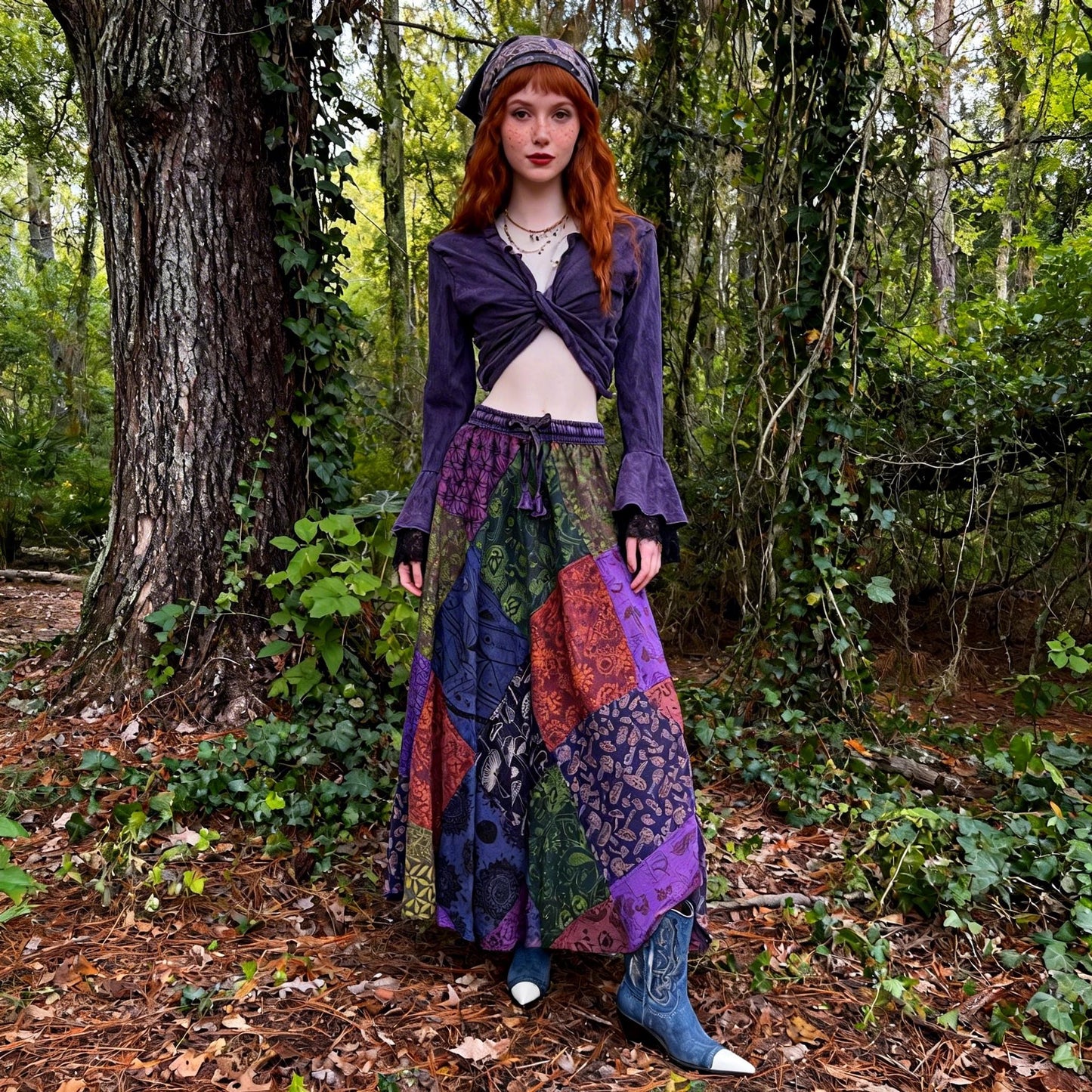 Handmade Patchwork Cotton Maxi Skirt | Whimsical Mushroom Print, Bohemian Festival Wear