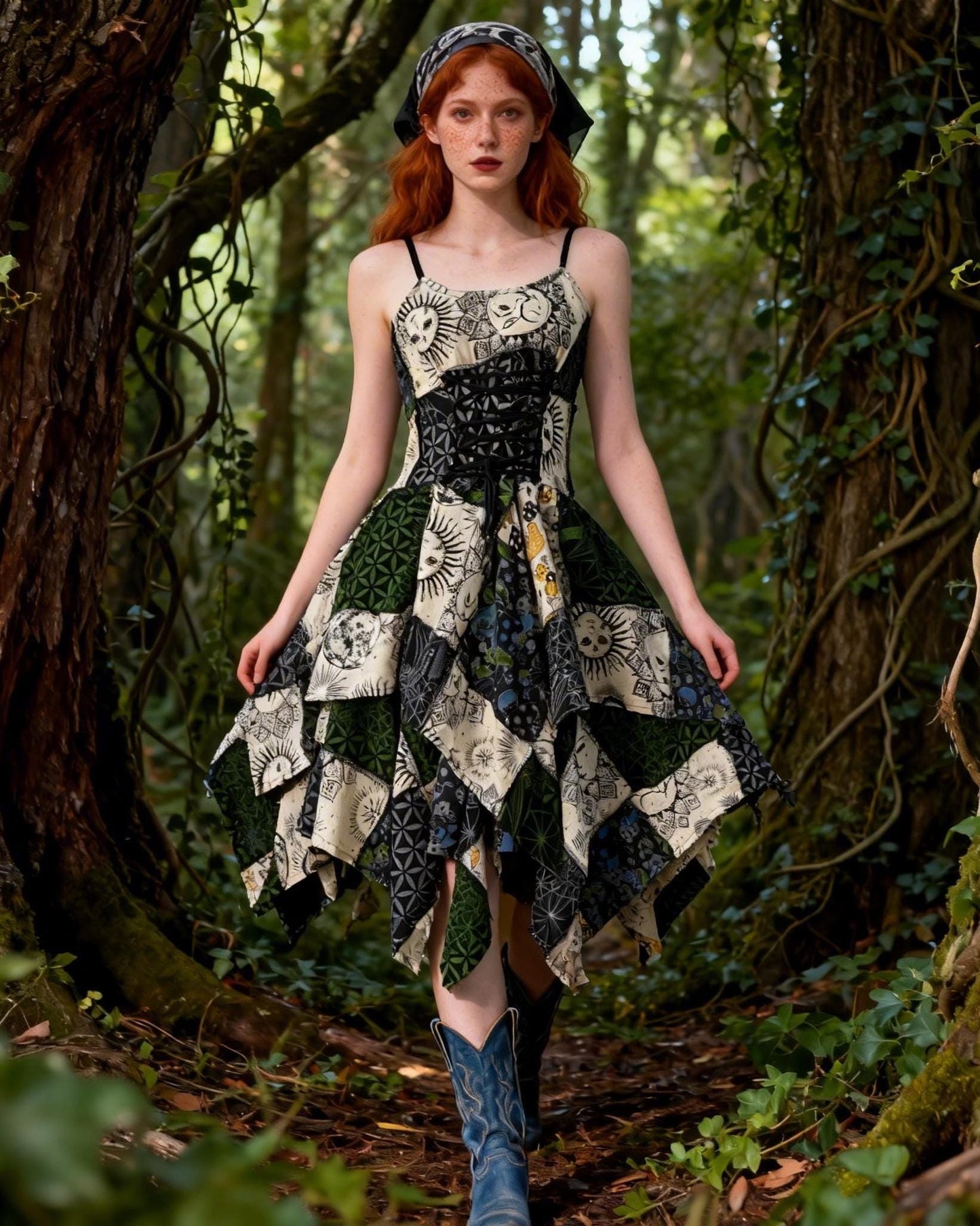 Handmade Patchwork Maxi Dress | Sun Moon Geometric Boho Festival Wear