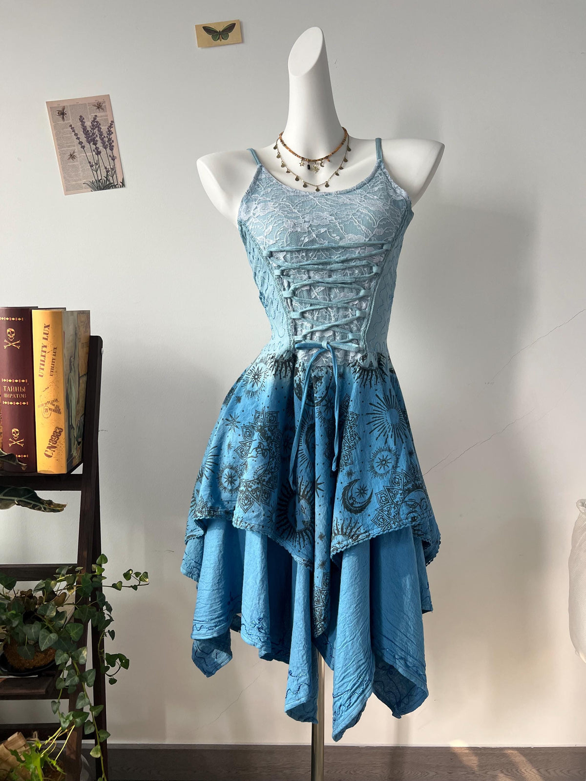 Handmade Bohemian Dress with Front Lace｜Back Smocking, Artistic Tie-Dye & Botanical Dye, Asymmetric Hem