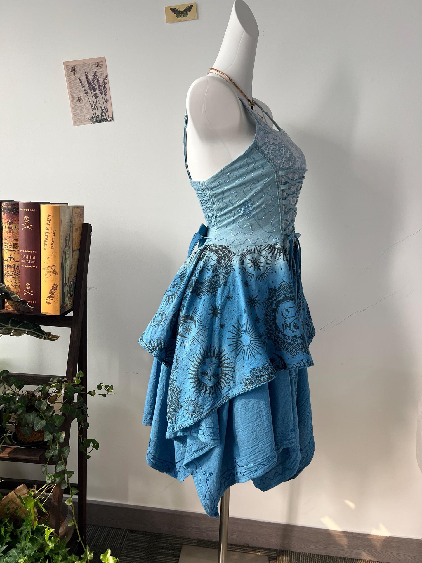 Handmade Bohemian Dress with Front Lace｜Back Smocking, Artistic Tie-Dye & Botanical Dye, Asymmetric Hem