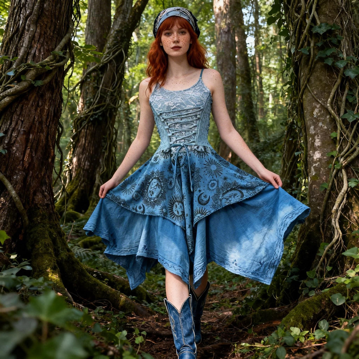 Handmade Bohemian Dress with Front Lace｜Back Smocking, Artistic Tie-Dye & Botanical Dye, Asymmetric Hem