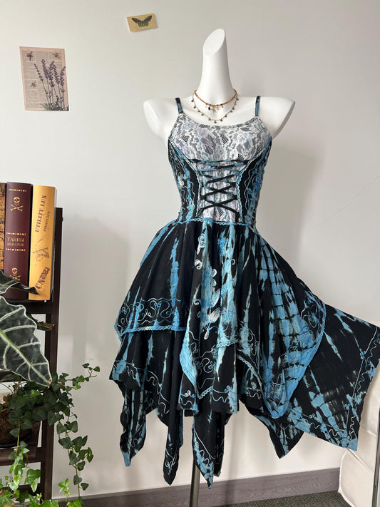 Handmade Bohemian Dress, Vintage Lace Trim, Asymmetrical Hem, Adjustable Tie Front Summer Dress