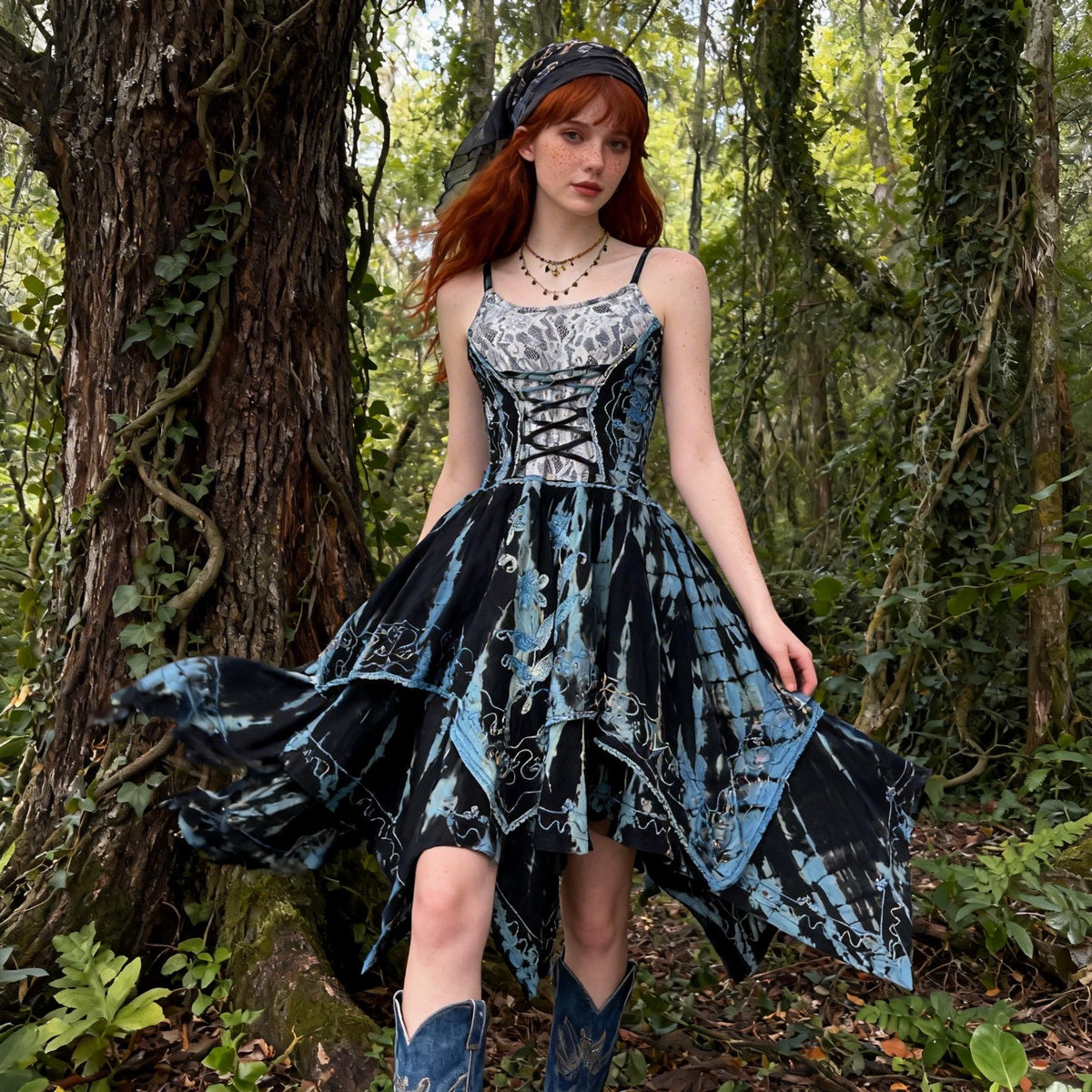 Handmade Bohemian Dress, Vintage Lace Trim, Asymmetrical Hem, Adjustable Tie Front Summer Dress