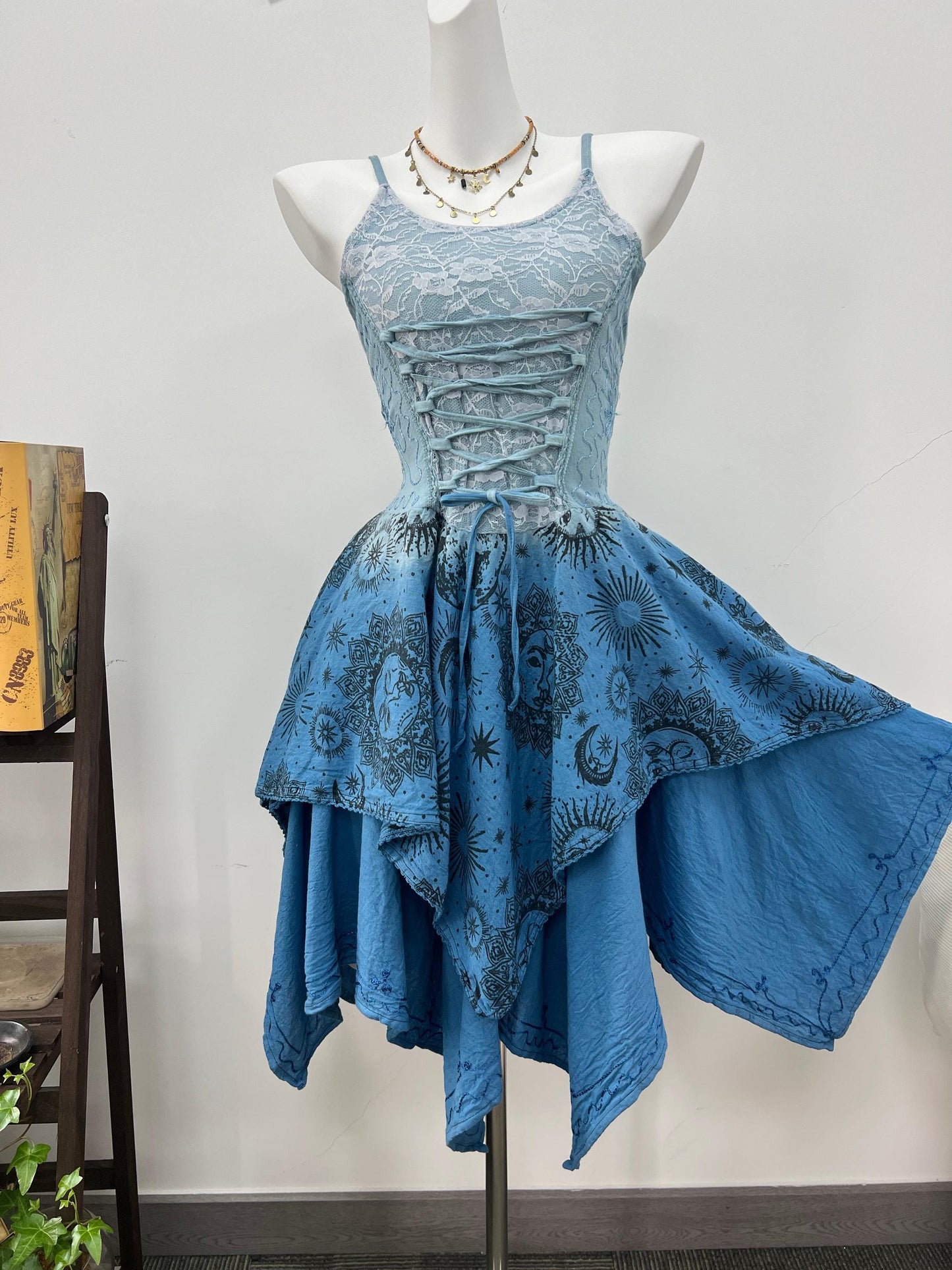 Handmade Bohemian Dress with Front Lace｜Back Smocking, Artistic Tie-Dye & Botanical Dye, Asymmetric Hem