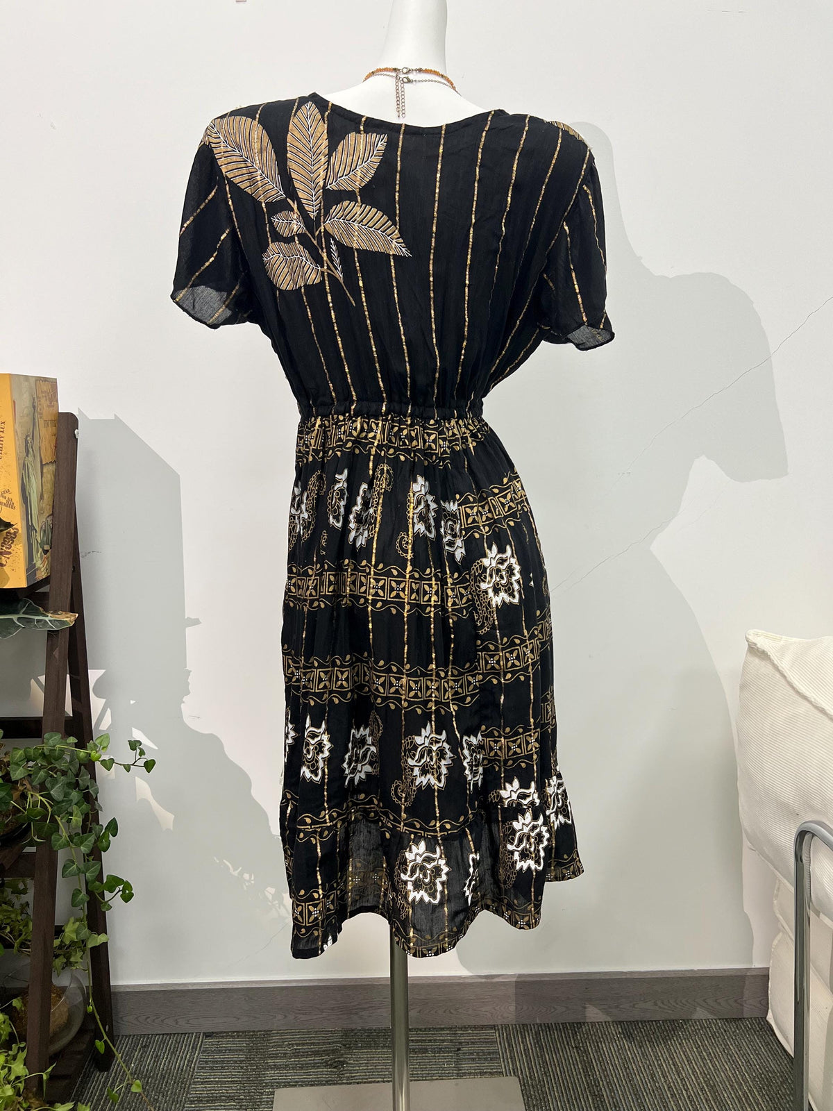Black Boho Dress, Gold Embroidery, Lace Trim, Smocked Waist Cotton Dress