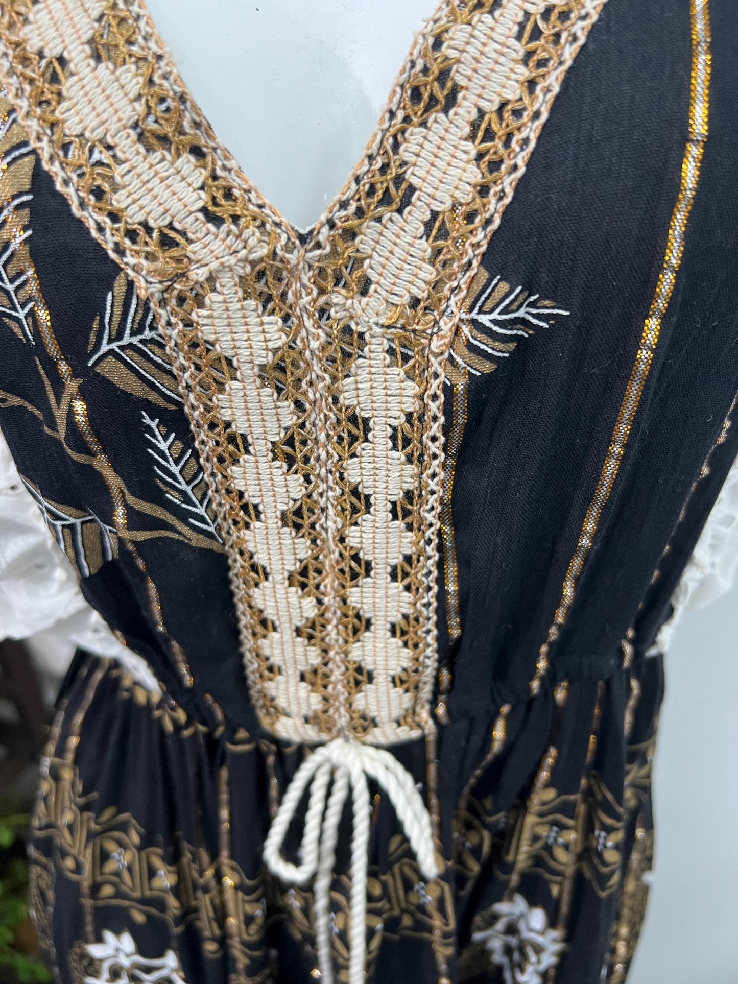 Black Boho Dress, Gold Embroidery, Lace Trim, Smocked Waist Cotton Dress