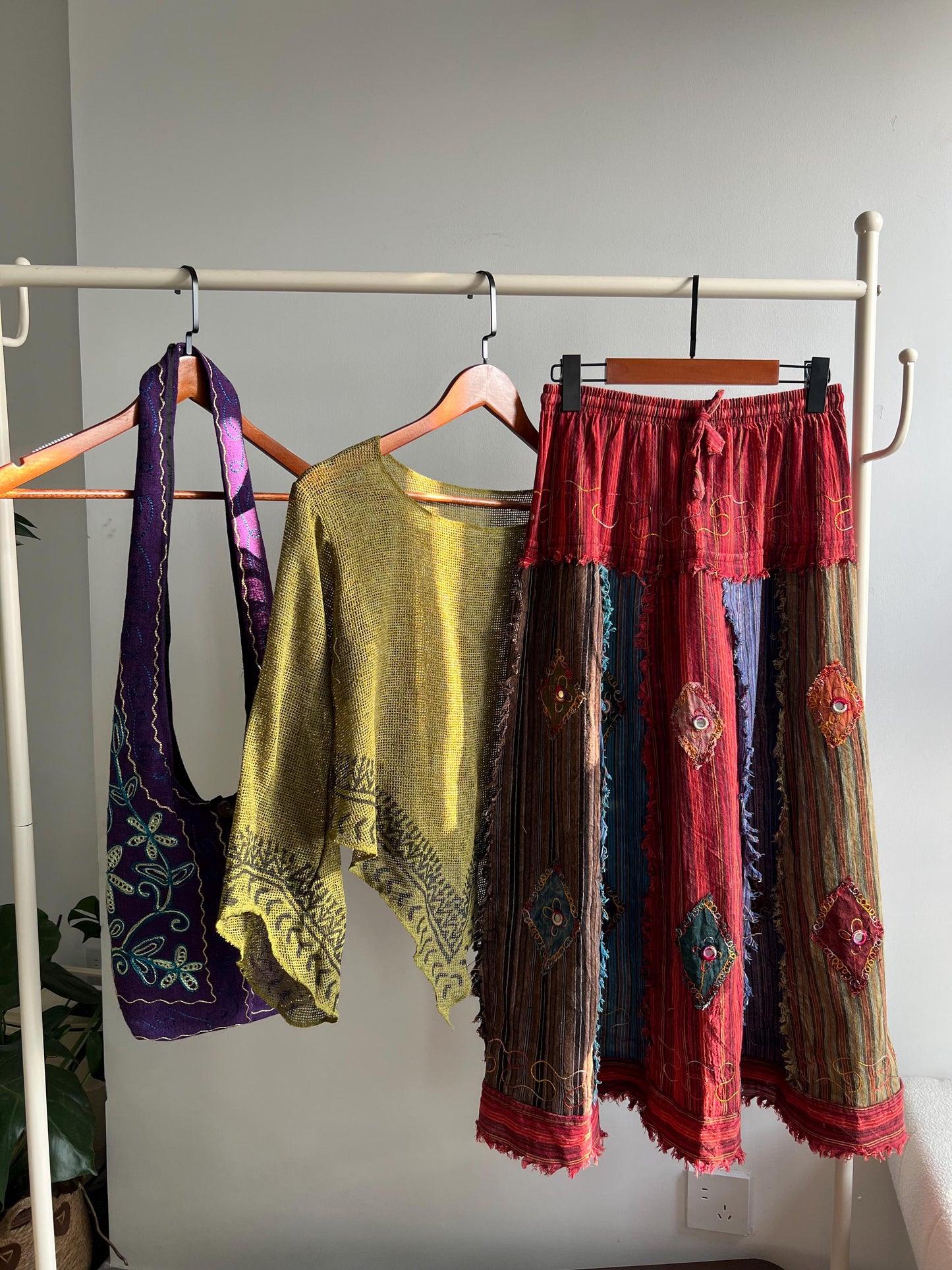 Boho Patchwork Midi Skirt, Hand Embroidered Beads Sequins, Raw Hem Cotton Festival Skirt