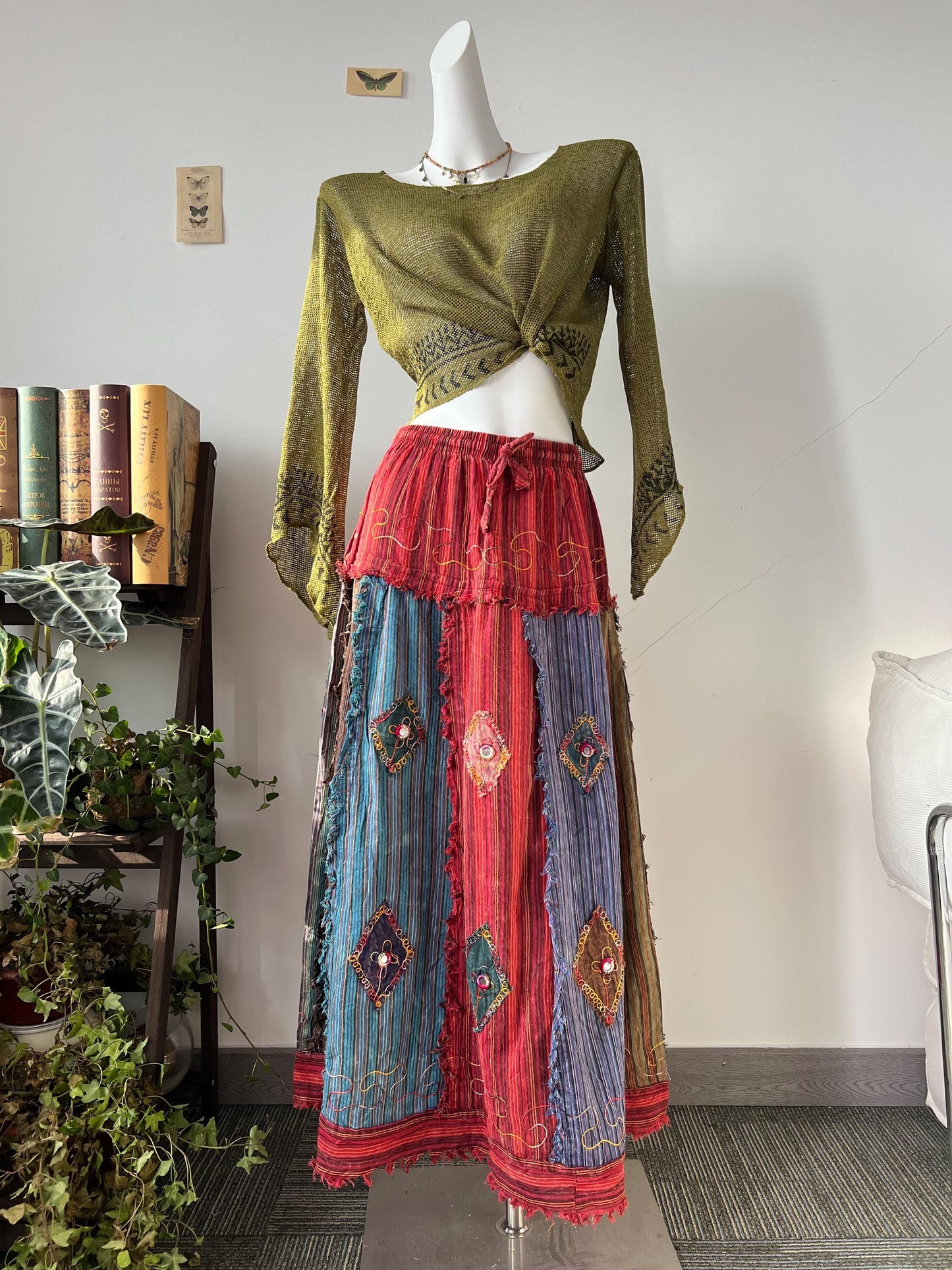 Boho Patchwork Midi Skirt, Hand Embroidered Beads Sequins, Raw Hem Cotton Festival Skirt