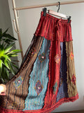 Boho Patchwork Midi Skirt, Hand Embroidered Beads Sequins, Raw Hem Cotton Festival Skirt